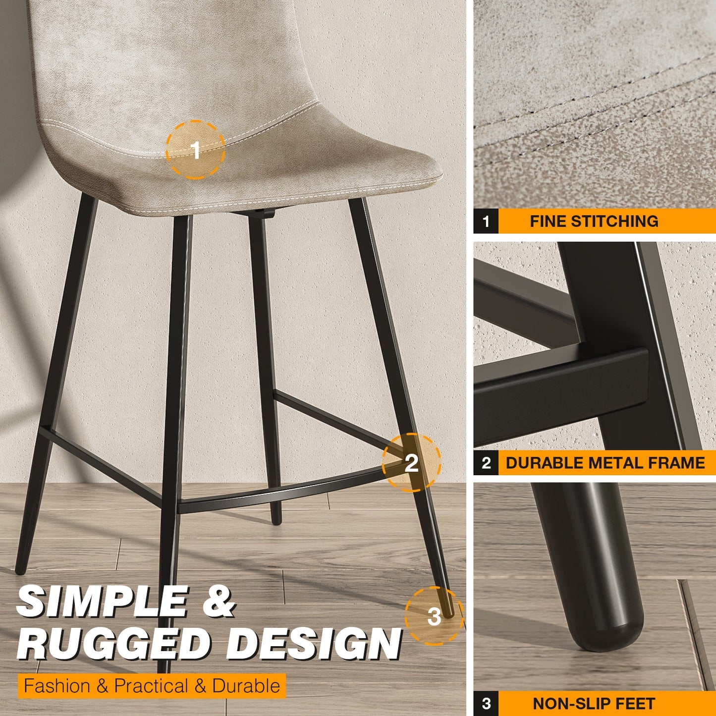 24 Tech Cloth Counter Height Bar Stools, Beige, Set of 2, Metal Frame