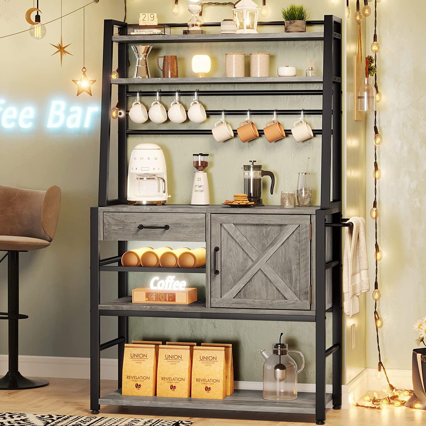 Farmhouse Baker's Rack, Storage Drawer, Wine Cupboard and Coffee Bar Cabinet, Rustic Gray