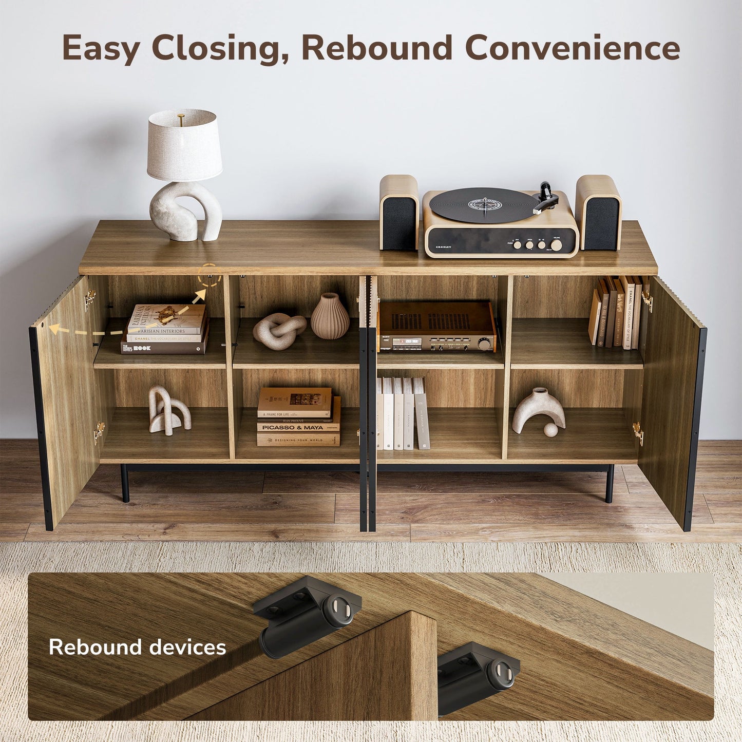 BELLEZE Sideboard Buffet Cabinet, 63in Storage Cabinet with 4 Doors and Adjustable Shelves, Sideboard Cabinet for Dinning Room, Kitchen & Living Room - Colemen (Camel)