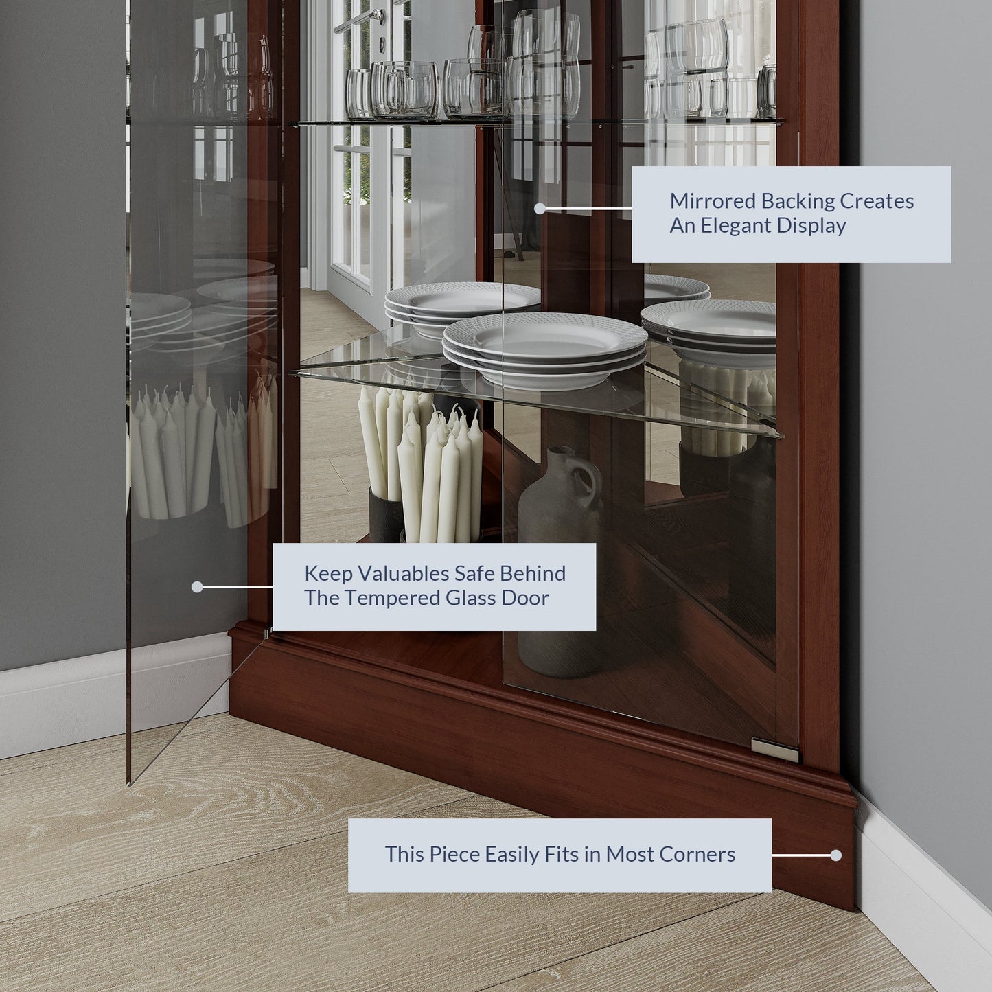 BELLEZE Woody Lighted Corner Curio Cabinet Tempered Glass Door 6 Shelves, Walnut