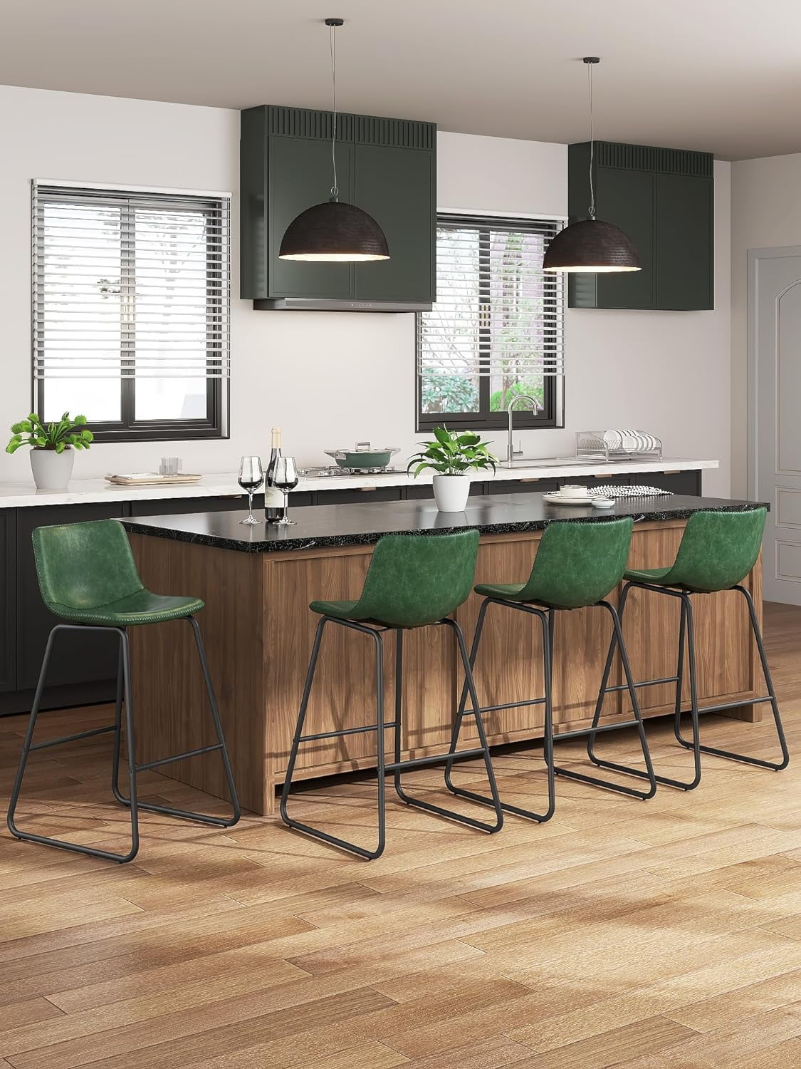 YaFiti Bar Stools 26in Faux Leather Counter Height Barstools with Back Set of 6, Modern Counter Stools with Metal Legs and Footrest, Armless Chairs with Back for Kitchen Living Room Pub, Green