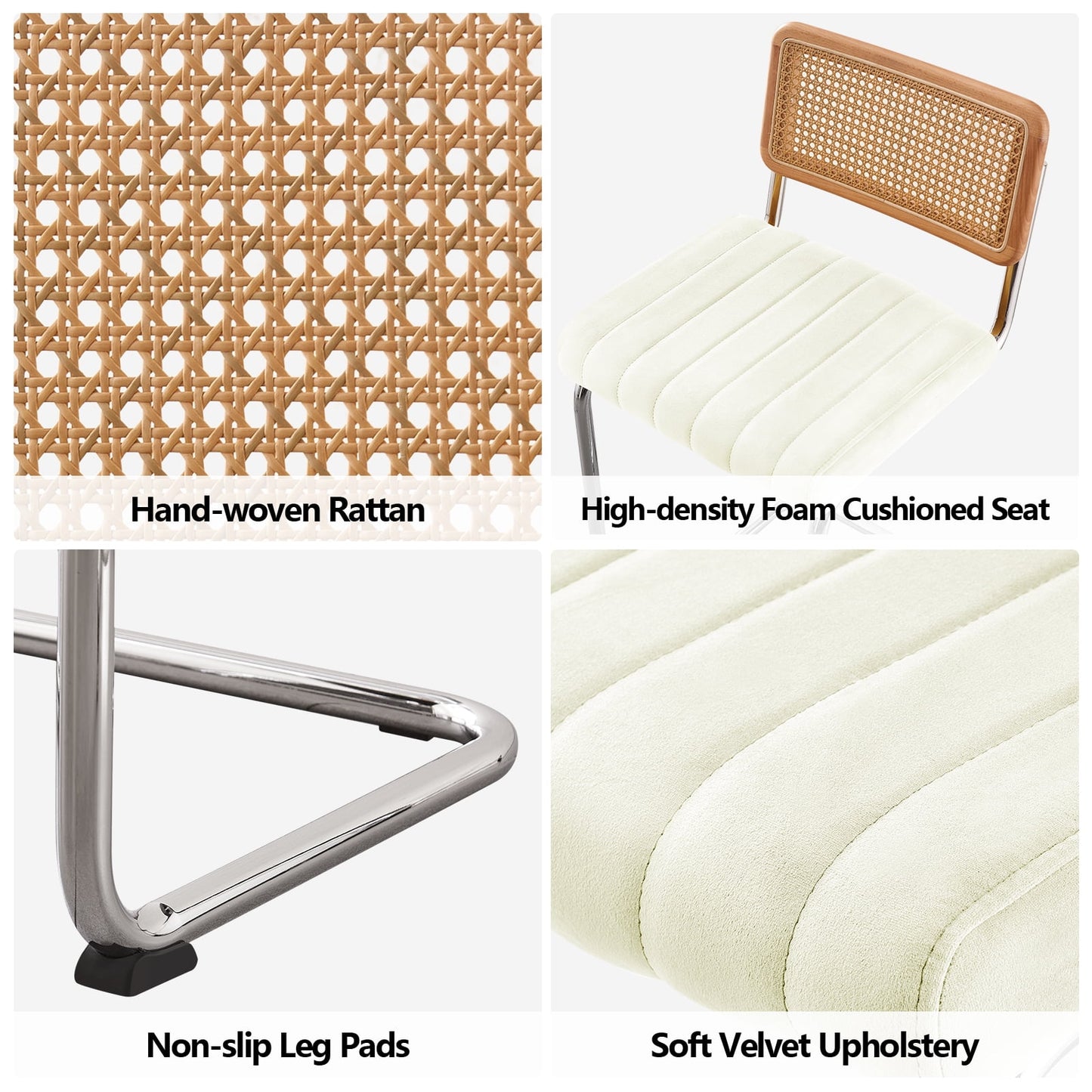 26in Rattan Bar Stools, Set of 2, Rattan Counter Height Velvet Armless Bar Stools with Cane Back for Home Office Kitchen Island