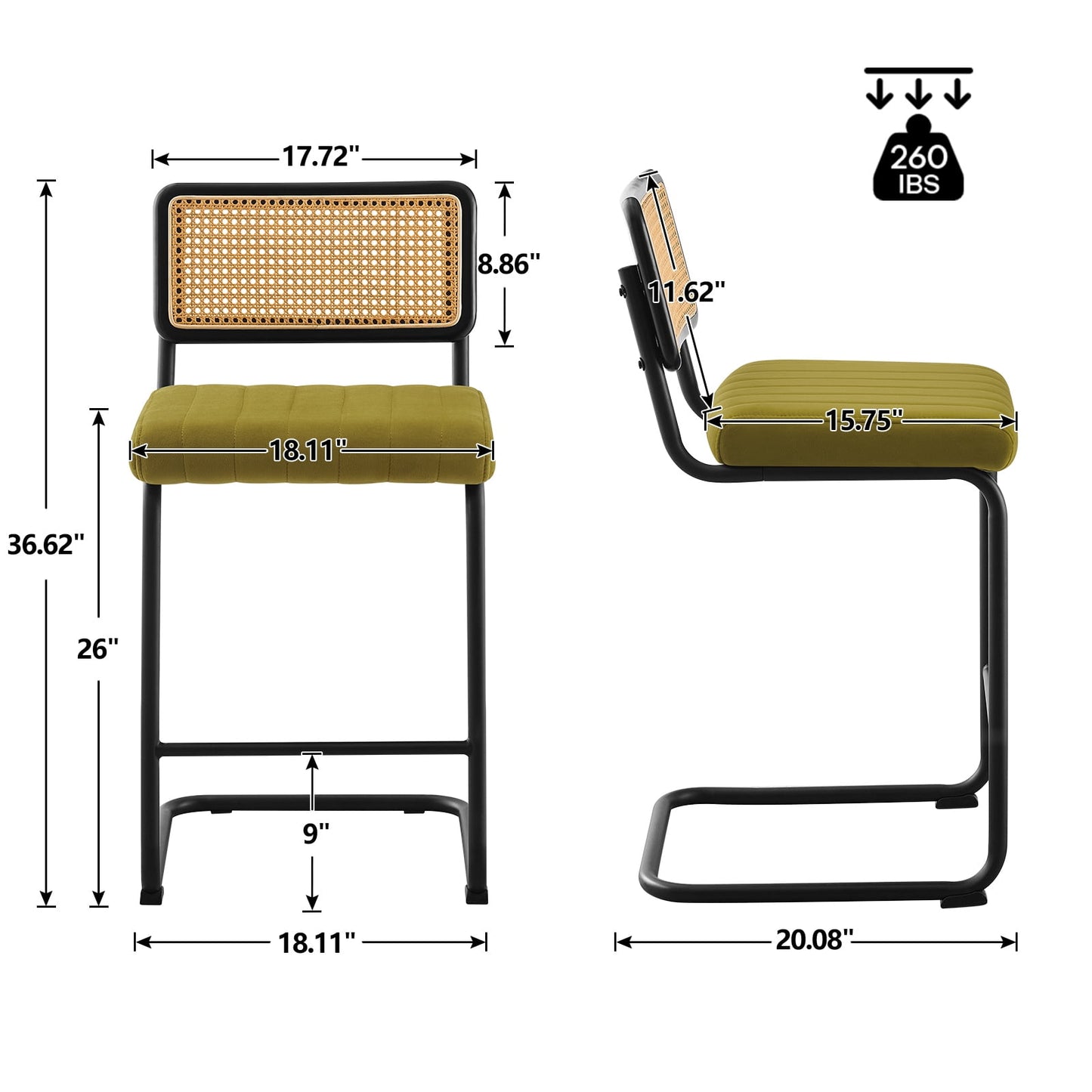 26in Rattan Bar Stools, Set of 2, Rattan Counter Height Velvet Armless Bar Stools with Cane Back for Home Office Kitchen Island