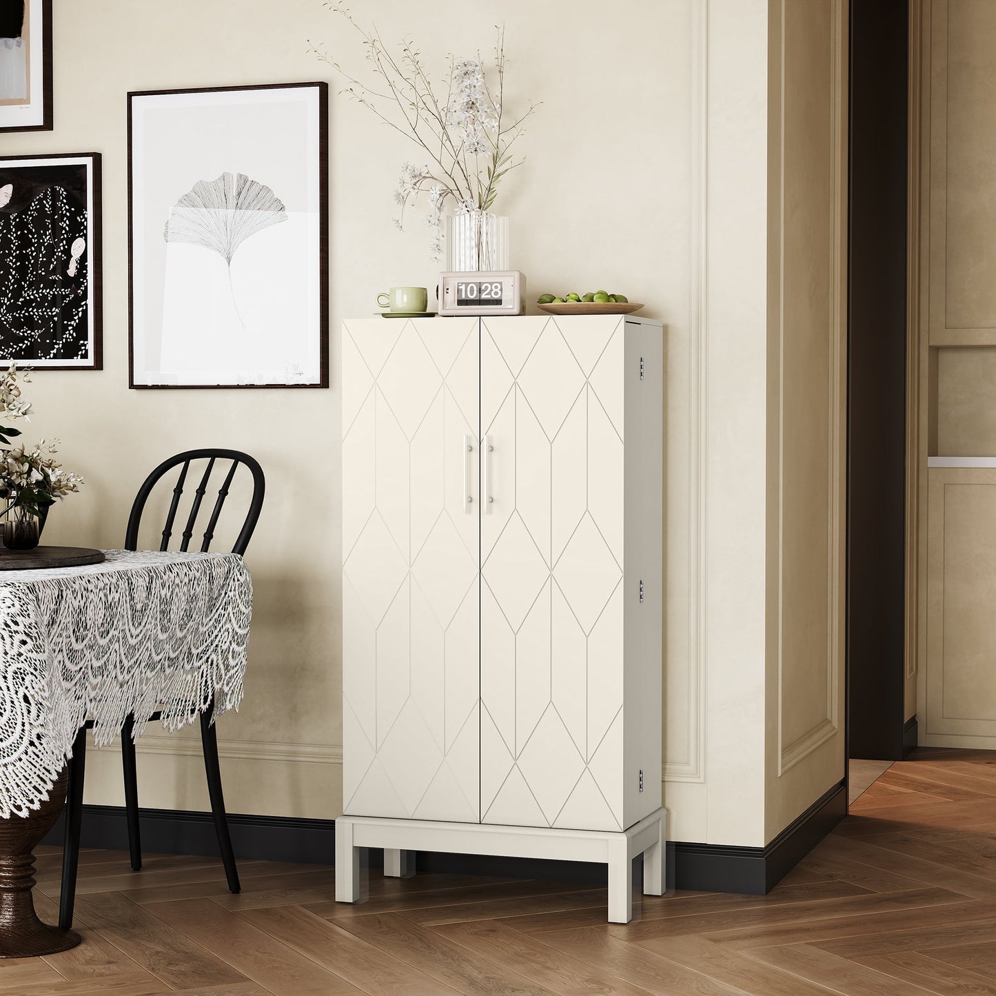 CBJCBJ 45in H Modern Kitchen Pantry Cabinet with 2-Door Adjustable Shelves and Golden Feet, White