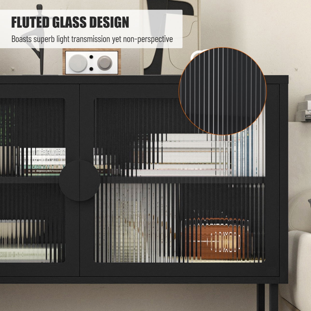 2-Tier Stylish Tempered Glass Cabinet, Fluted Glass Sideboard Buffet Cabinet with 2 Door, Modern Enclosed Cupboard Adjustable Shelf U-shaped Leg for Kitchen Living Room ,Blue