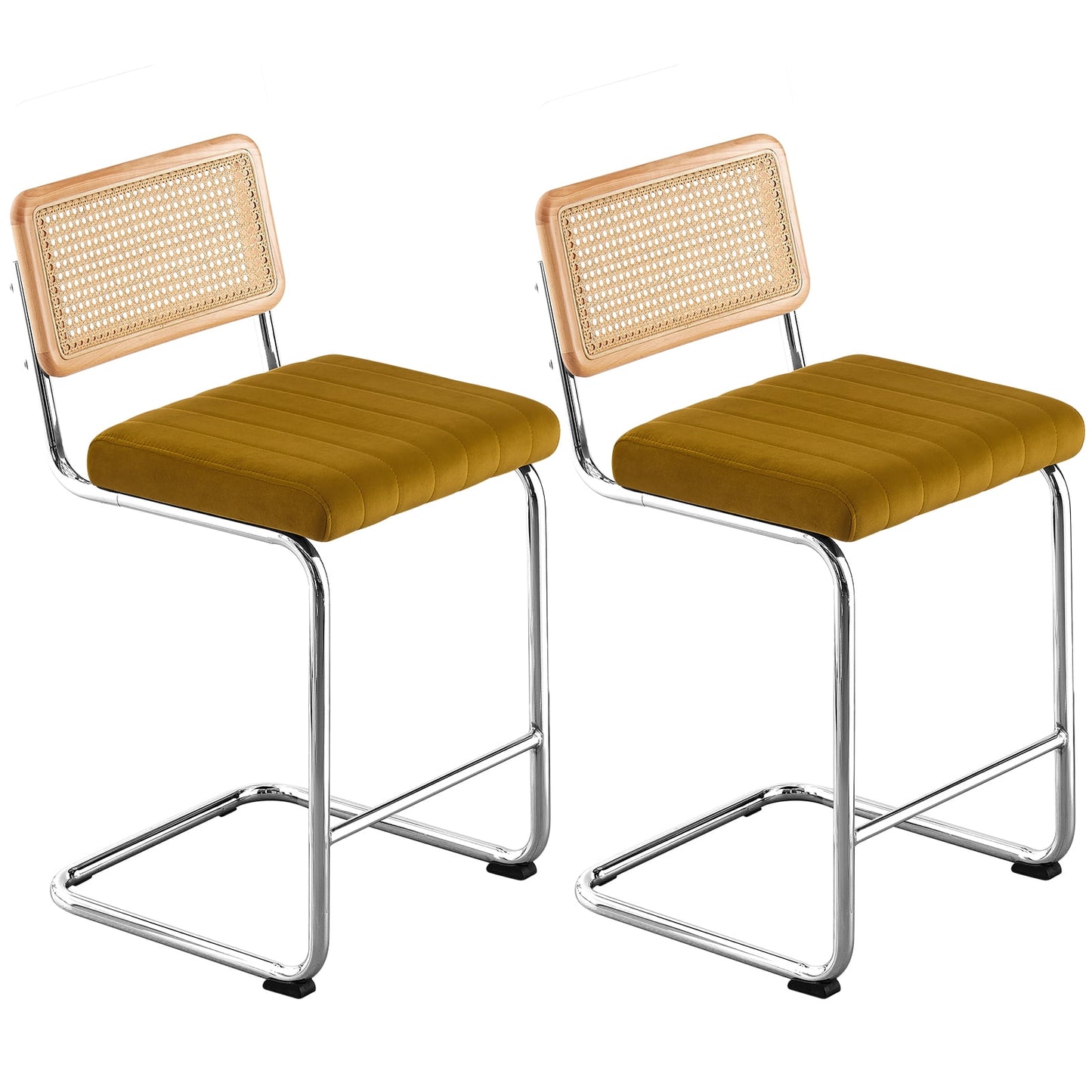26in Rattan Bar Stools, Set of 2, Rattan Counter Height Velvet Armless Bar Stools with Cane Back for Home Office Kitchen Island