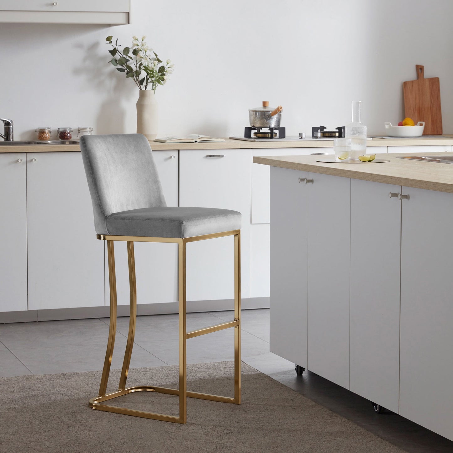 BELLEZE 30 Inch Barstools Counter Stools Set of 2, Upholstered Bar Stools with Gold Metal Frame, Modern Bar Height Stools Island Chairs for Home and Restaurant - Hutton (Grey)