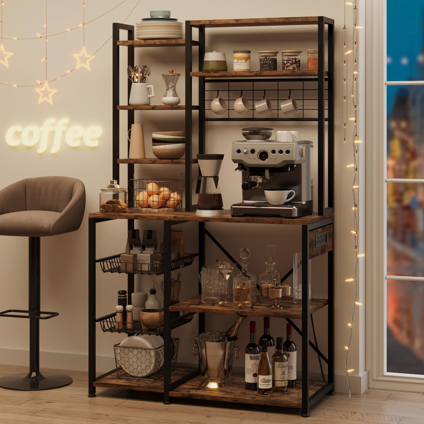 2024 New Standing Baker Rack with Power Output, 7-tier Kitchen Microwave Baker Rack with Storage, Microwave Oven Stand with Hook, Baker Rack for Kitchen, Dining Room