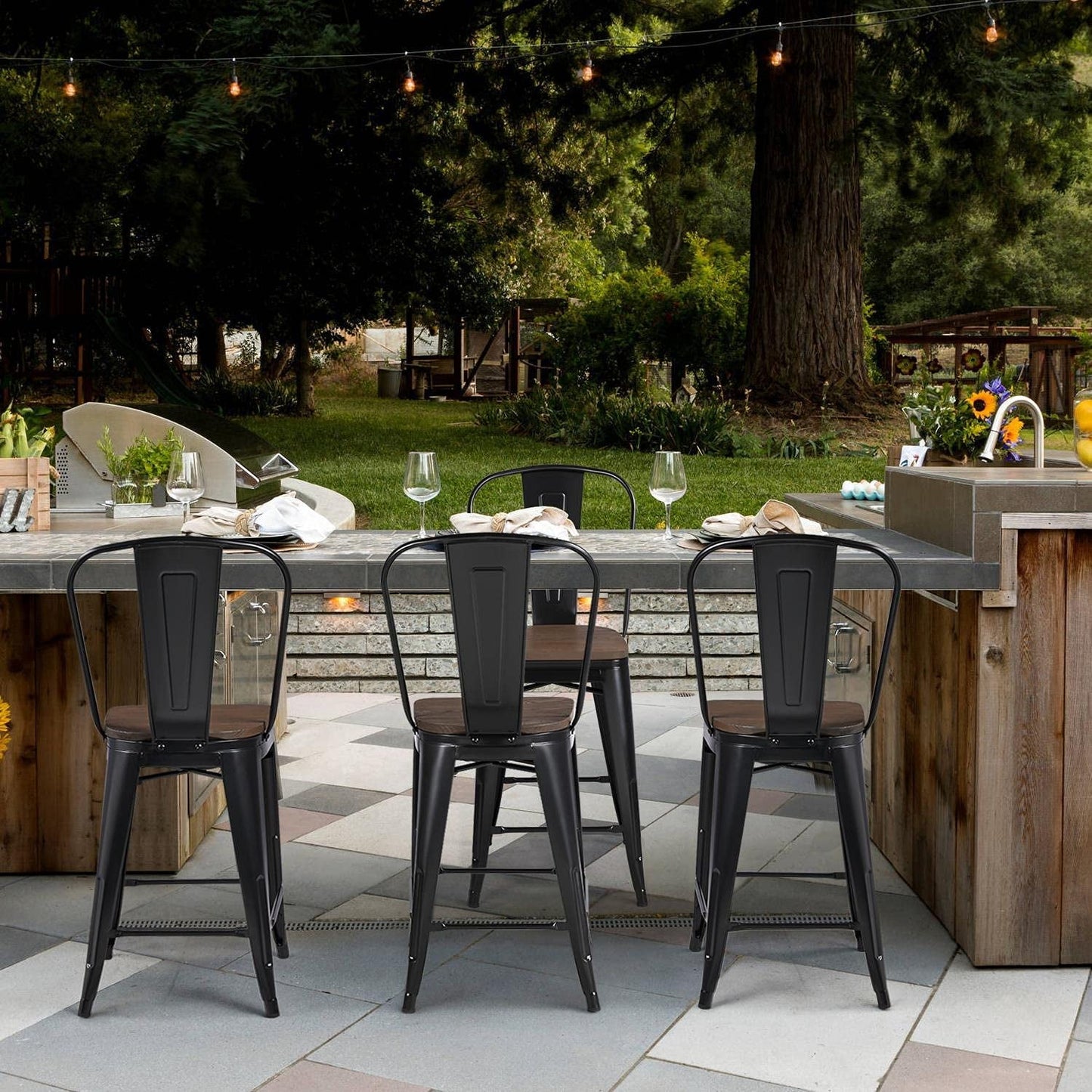 24Inch Seat Height Dining Stools Chairs with Wood Seat/Top and High Backrest, Industrial Metal Counter Height Stool, Modern Kitchen Dining Bar Chairs Rustic, Black, Set of 4