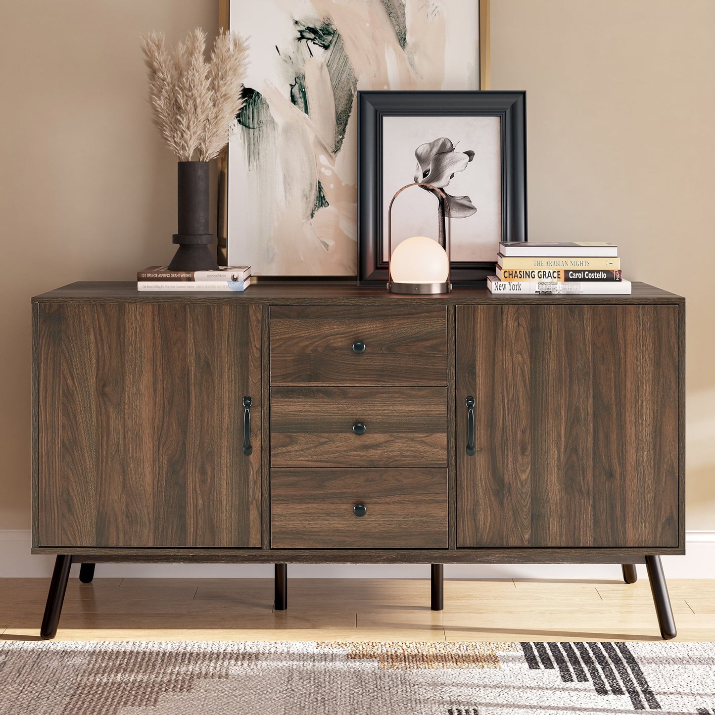 BELLEZE Sideboard Kitchen Buffet and TV Stand - Hughes (Dark Walnut)
