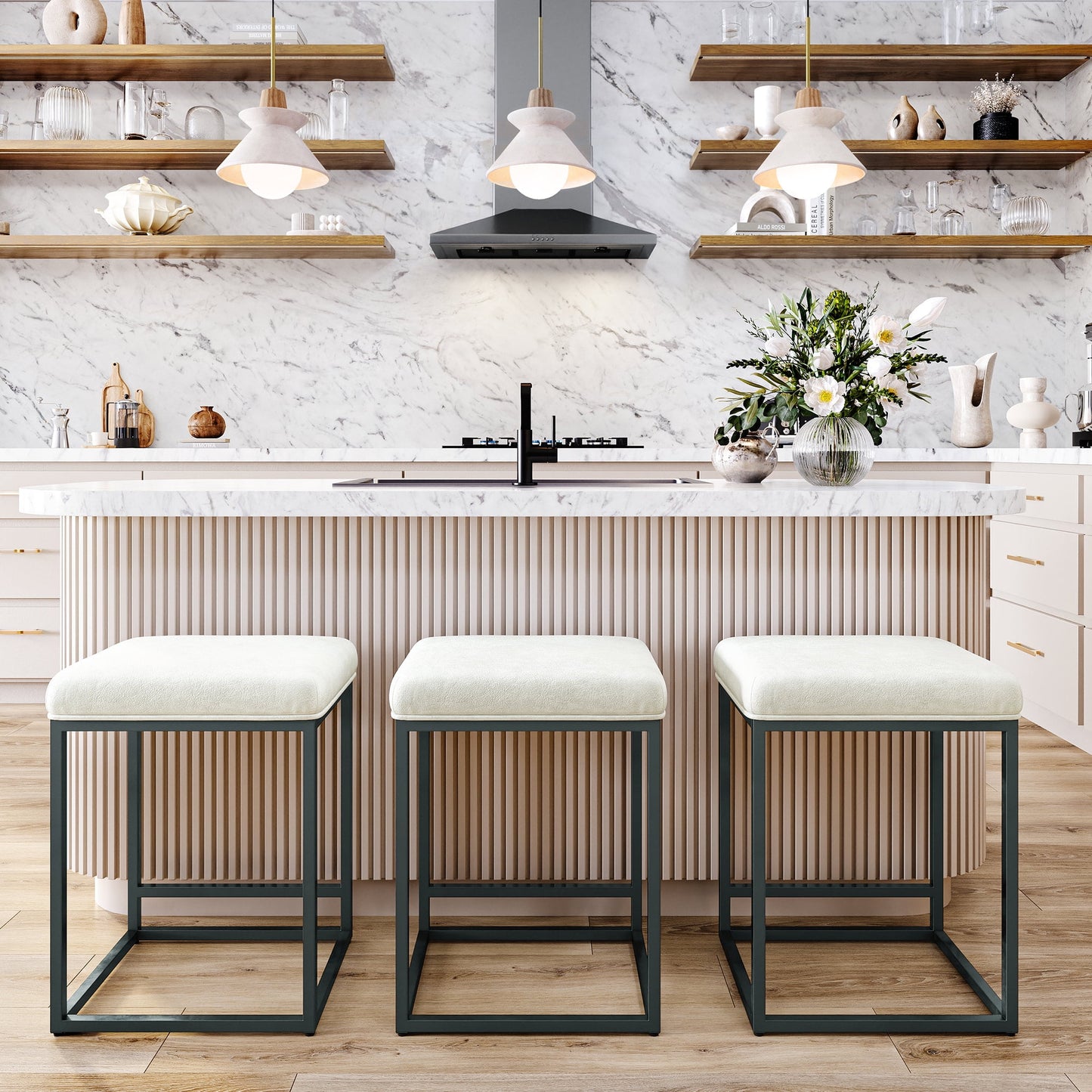 BELLEZE Set of 4, 24in Backless Bar Stools, Counter Height, PU Leather Upholstered, Metal Base, White & Black