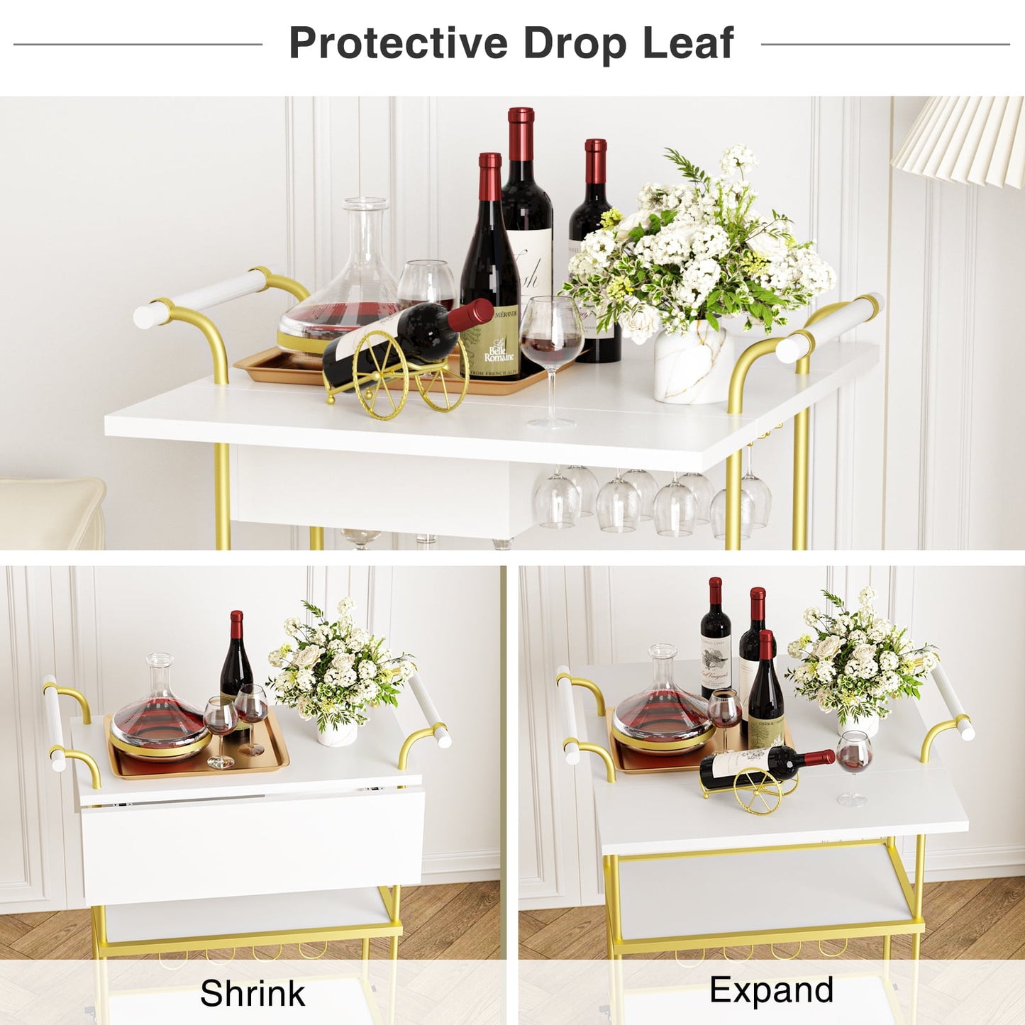 Veanerwood 3 Tier Home Bar Serving Cart on Wheels with Storage and Extendable Countertop, White