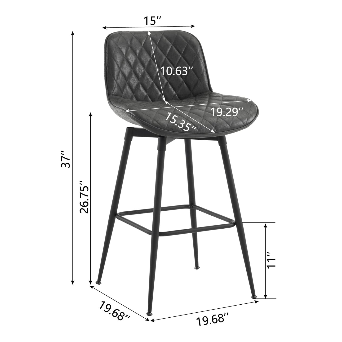 26in Bar Stools Set of 2, 360?? Swivel Counter Bar Stool with Back, Mid-Century Modern, Suede Fabric Barstool Chair for Kitchen Island, Bar Counter,Black Gray