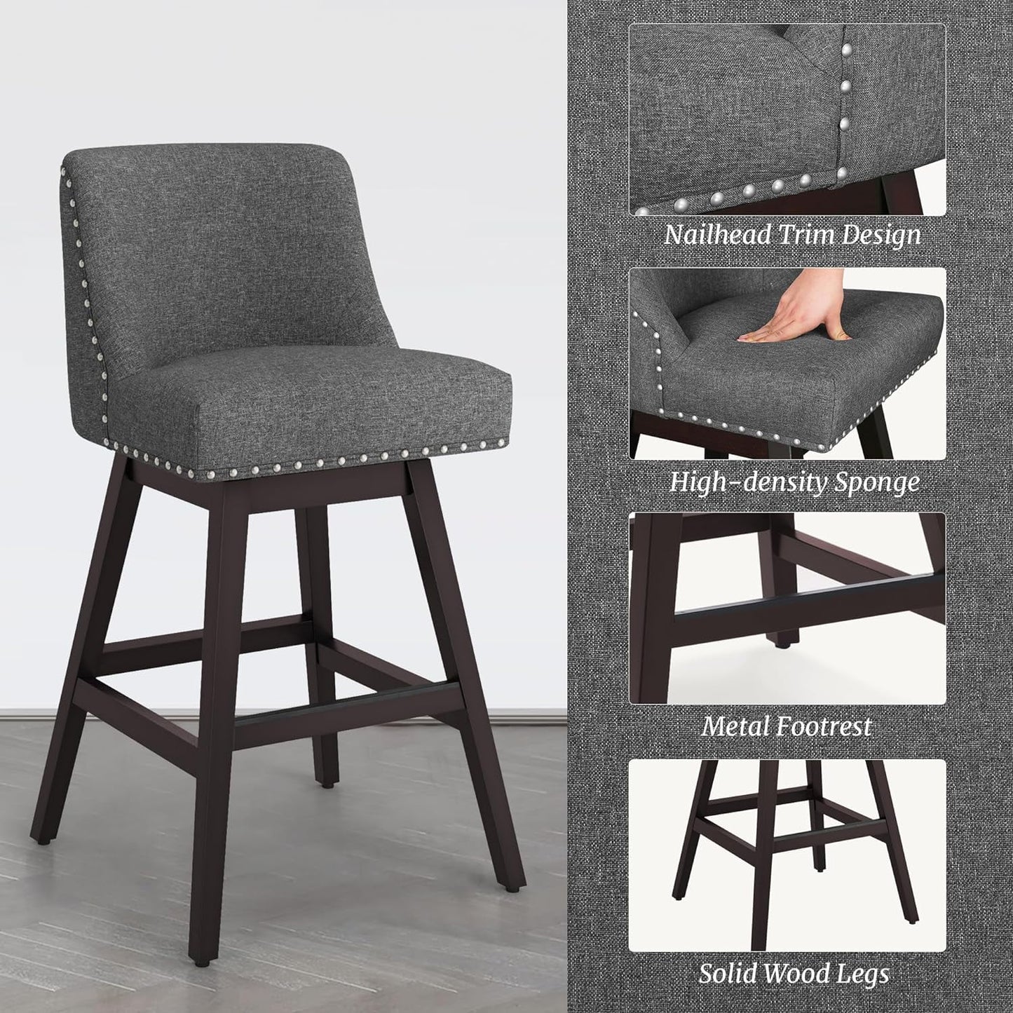 Dycanpo 30in H Swivel Bar Stools Set of 4 with Back Linen Fabric for Home Kitchen Island, Gray