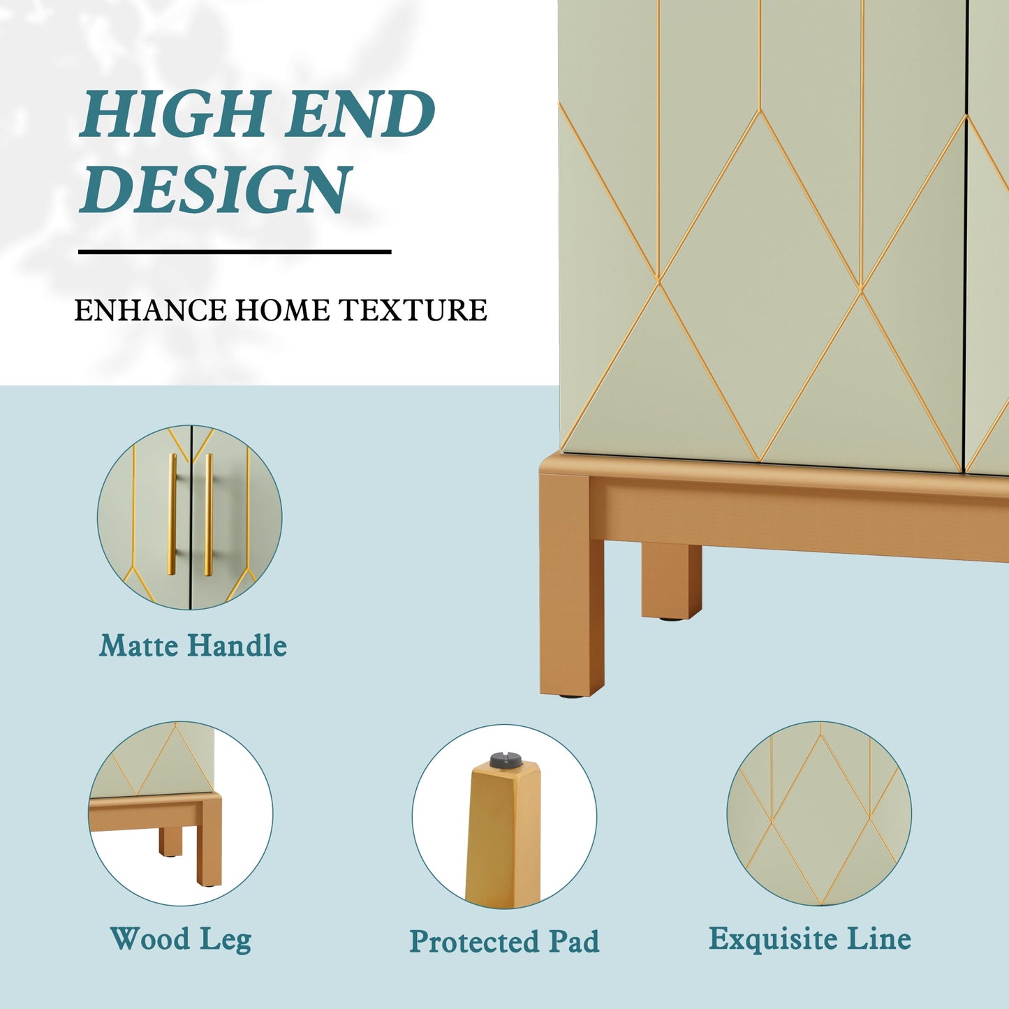 CBJCBJ 45in H Modern Kitchen Pantry Cabinet with 2-Door Adjustable Shelves and Golden Feet, White