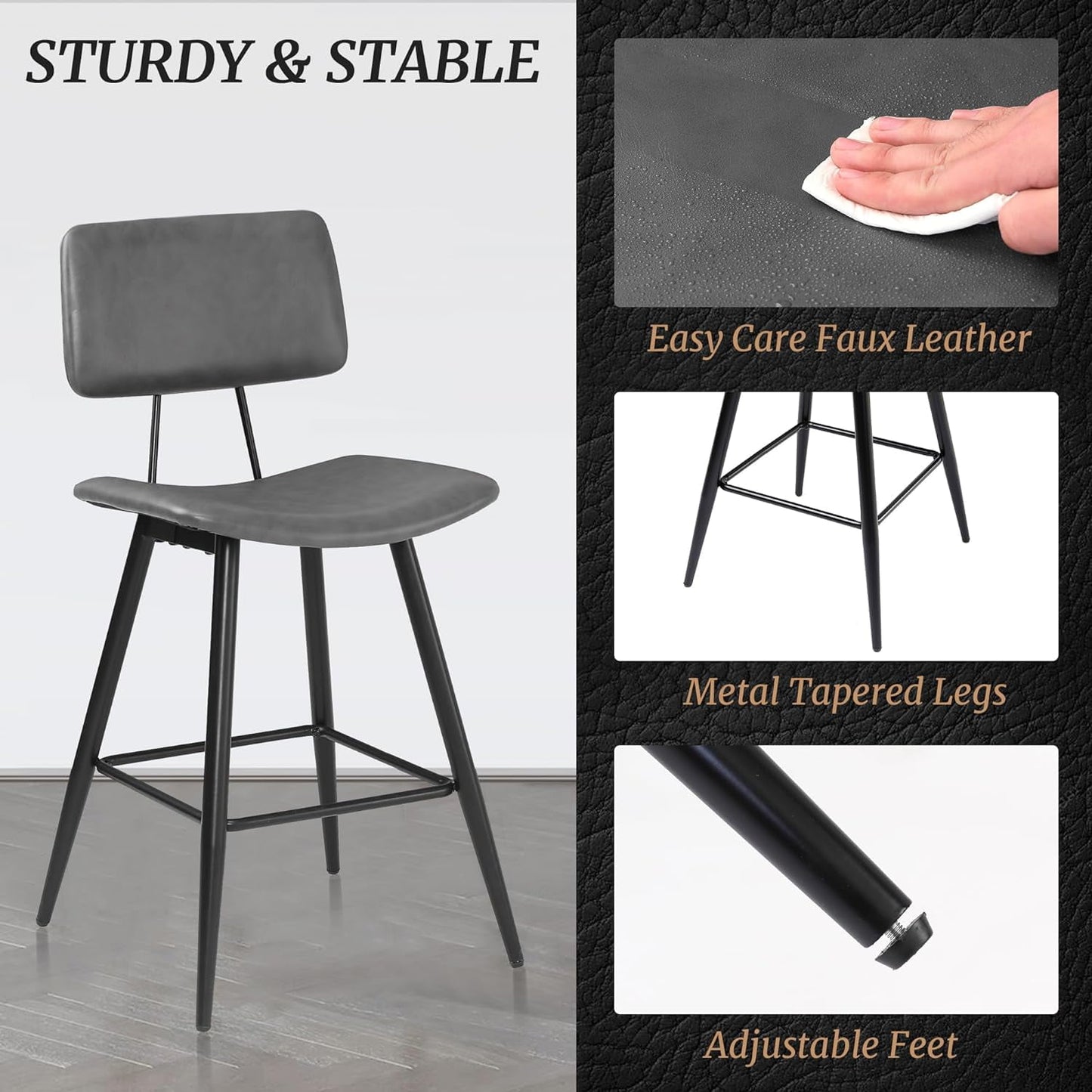 Dycanpo 24.5in Counter Height Bar Stools Set of 2, Faux Leather Upholstered Barstools, Gray