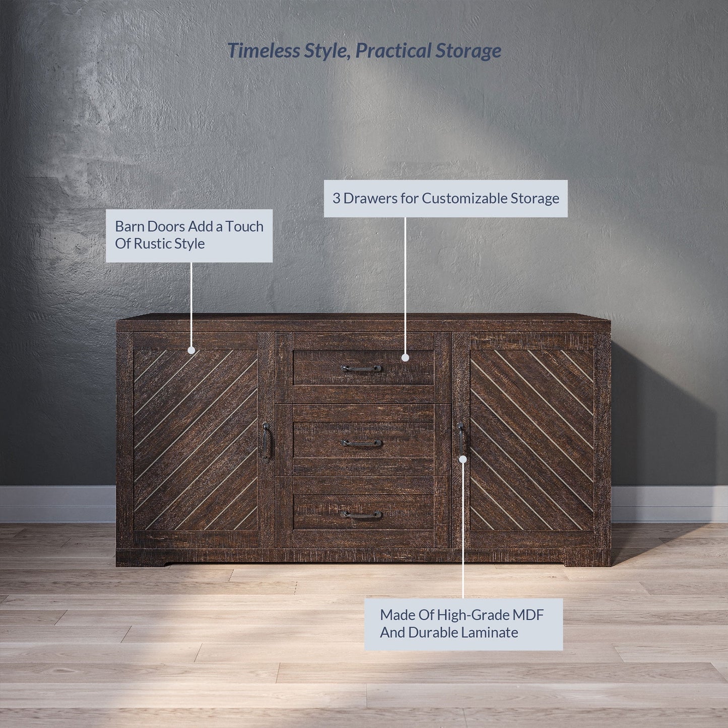 BELLEZE Modern Farmhouse Sideboard for Dining Room & Living Room, Storage Cabinet, Holds Up to 70lbs, Hilo (Espresso)