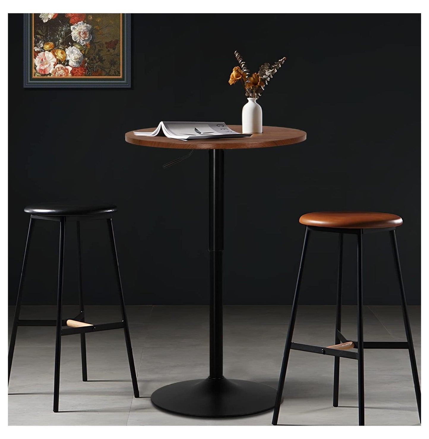 23.5in Round Pub Table, 360 Degree Swivel Cocktail Bar Table with Black Leg, Adjustable Height Range 27.5in -35.7in for Living Room Kitchen (Brown)