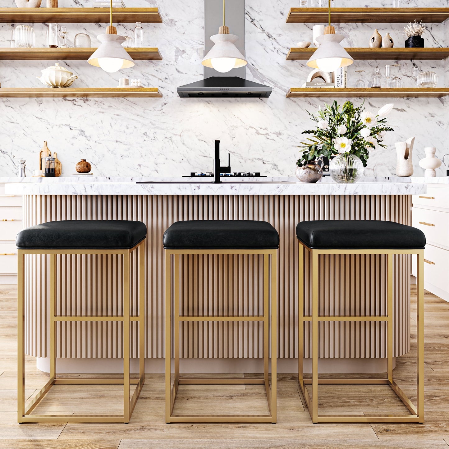 BELLEZE 30in Bar Height Bar Stools Set of 2, PU Leather Backless Barstools, Modern Upholstered Kitchen Stools with Metal Base Kitchen Island Chairs for Bar Pub Bistro, Black & Gold