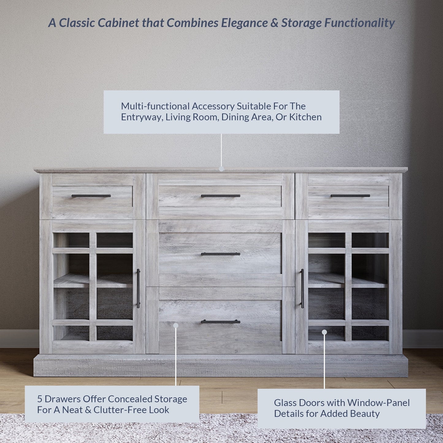 BELLEZE Modern Farmhouse Industrial Style Sideboard Buffet Console Table, Versatile Media Cabinet With Drawers And Adjustable Shelves - Astorga (Gray Wash)