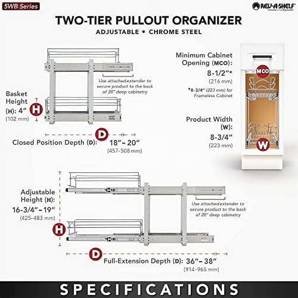 2-Tier Kitchen Cabinet Pull Out and Drawer Organizer Slide Out Pantry Basket in Multiple Sizes 9 x 22 In 5WB2-0922CR-1