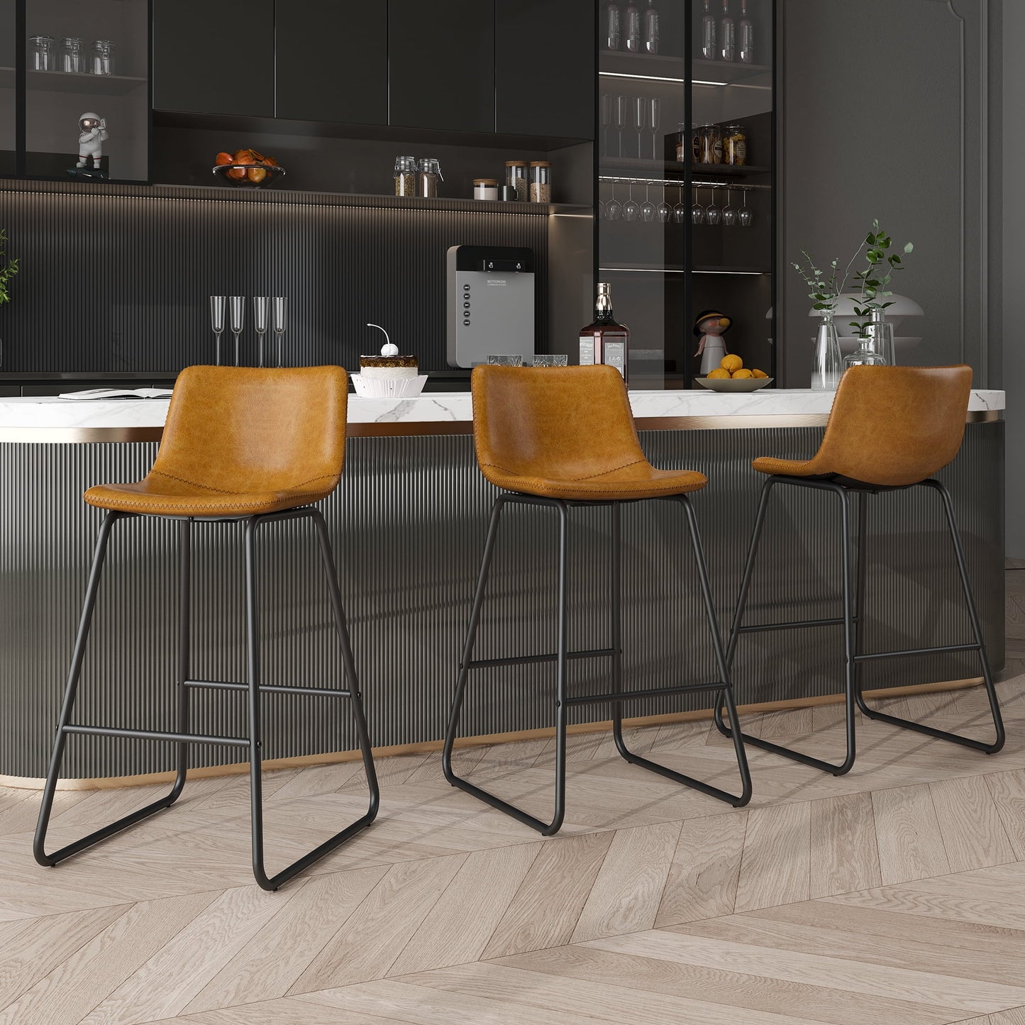 YaFiti Bar Stools 26in Faux Leather Counter Height Barstools with Back Set of 6, Modern Counter Stools with Metal Legs and Footrest, Armless Chairs with Back for Kitchen Living Room Pub, Whiskey Brown