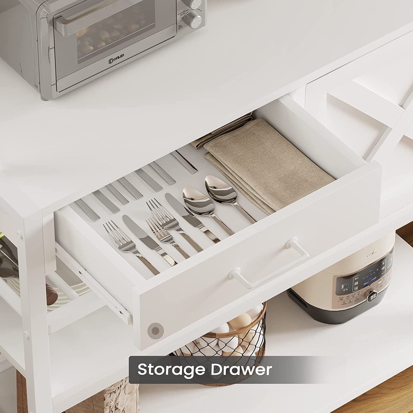 DICTAC Baker's Rack: Kitchen Stand with Microwave Storage, Cupboard, Wine Rack, Drawers, in White