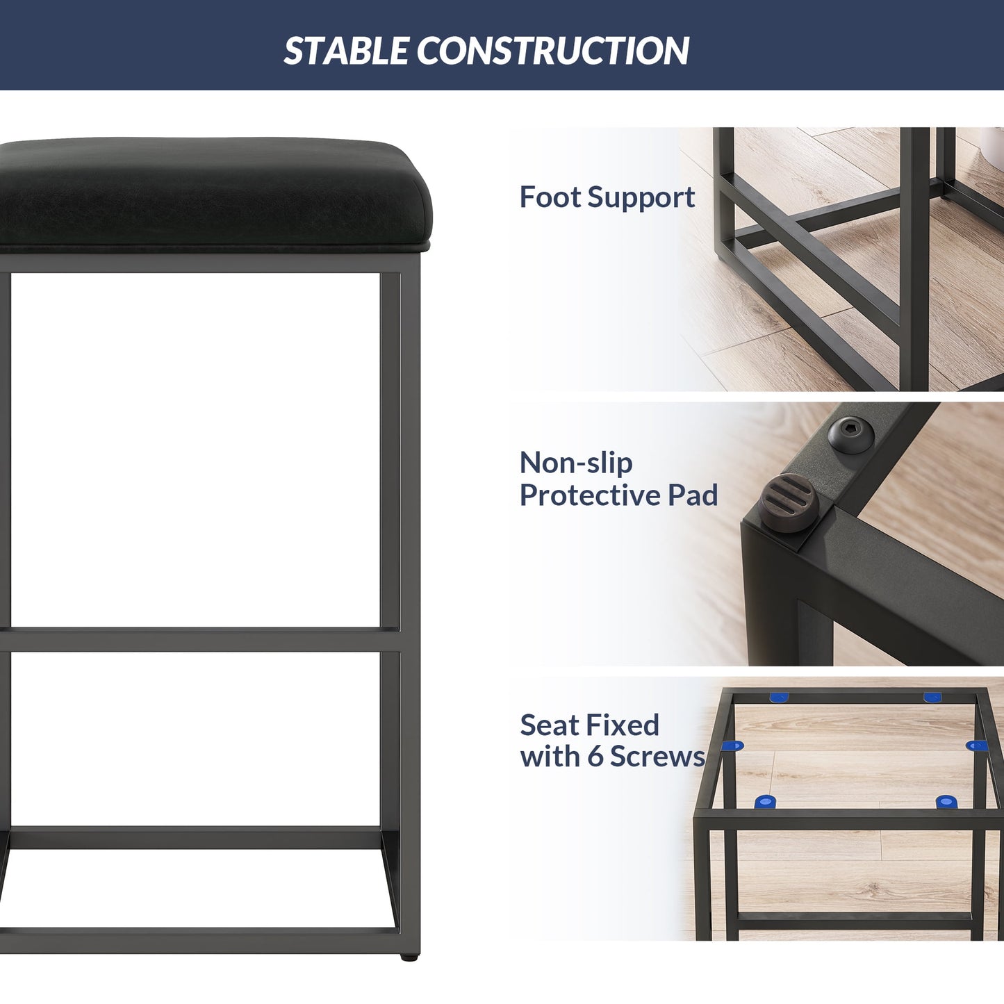 BELLEZE 30in Bar Height Bar Stools Set of 4, PU Leather Backless Barstools, Modern Upholstered Kitchen Stools with Metal Base Kitchen Island Chairs for Bar Pub Bistro, Black & Black