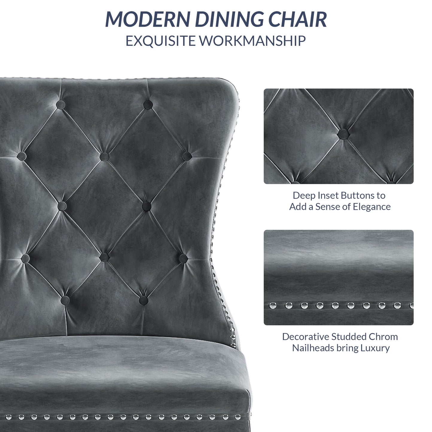 BELLEZE Upholstered Dining Chairs Set of 2, Velvet Luxury Dining Room Chairs with Button Back, Nailhead Trim, Pull-ring, Solid Wood Legs for Kitchen, Living Room, Restaurant - Chandler (Grey)
