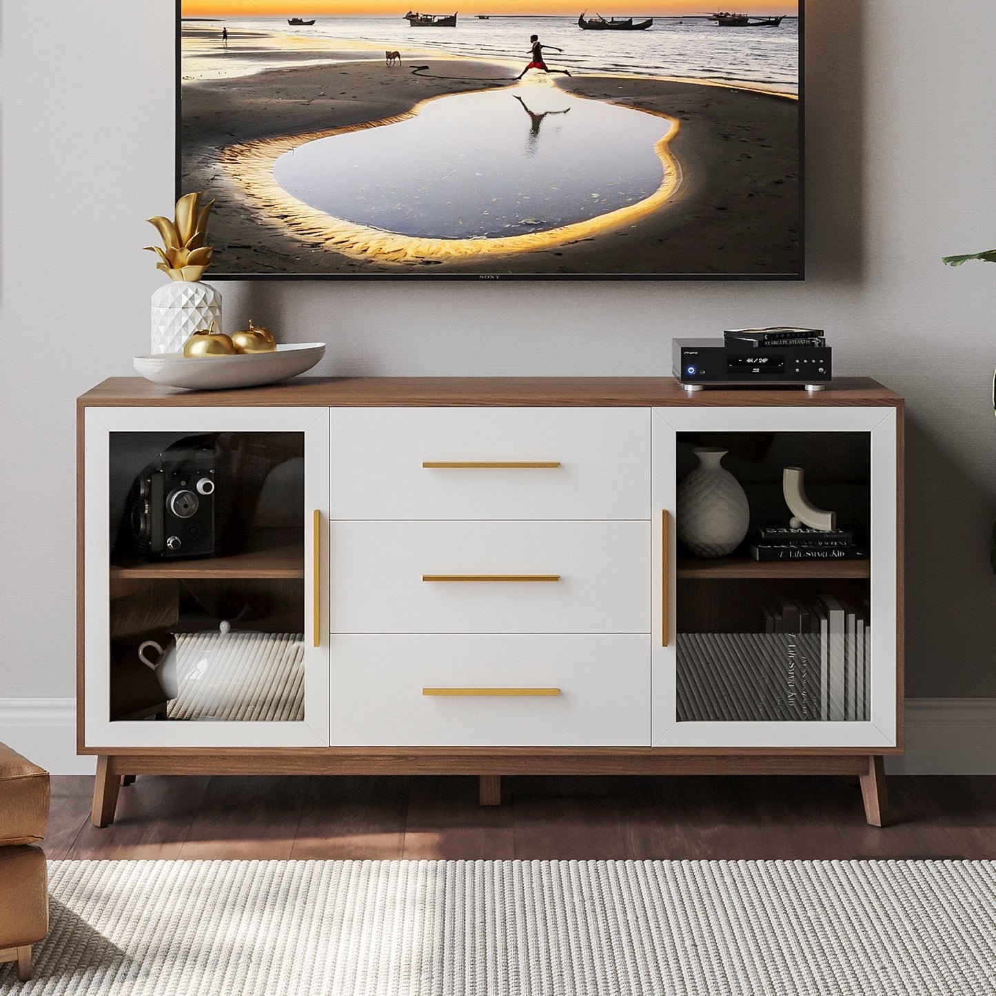 BELLEZE Modern Sideboard, Sideboard Buffet Cabinet with 3 Drawers & 2 Doors, Accent Cabinet for Dining Room, Hallway, Bedroom, or Kitchen - Troy (White)
