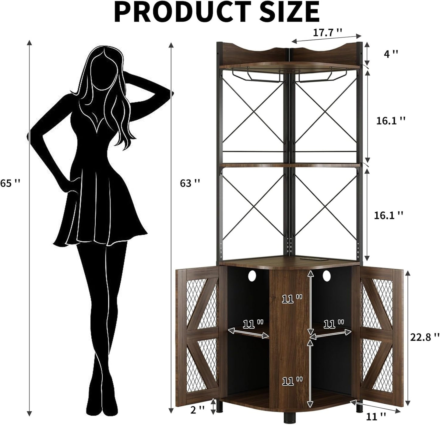 Linor 63in 5-Tier Corner Bar Cabinet with RGB LED Lights, Power Outlet, Glass Holder, Dark Walnut