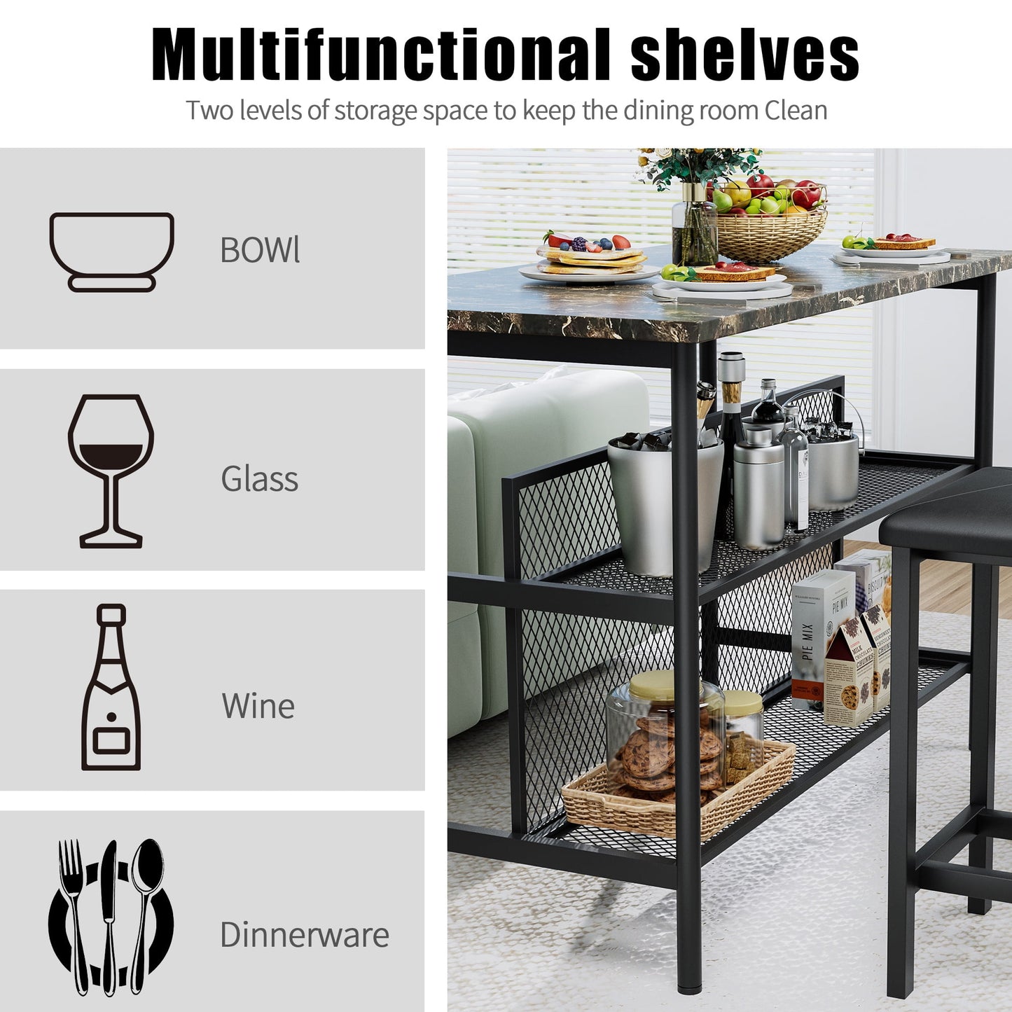 Dining Table Set for 2, Counter Height Bar Table Set with Faux Marble Top, 3-Piece Kitchen Island Set with 2 Stools and 2-Tier Shelves, Pub Dinette Set for Small Spaces, Brown, L0329