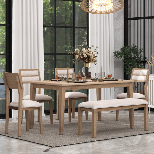 Bellemave Dining Table Set for 6, Wood Folding Dining Dinette Table and 4 Upholstered Chairs with 1 Bench, Modern Dining Set for Home, Kitchen, Dining Room (Natural)