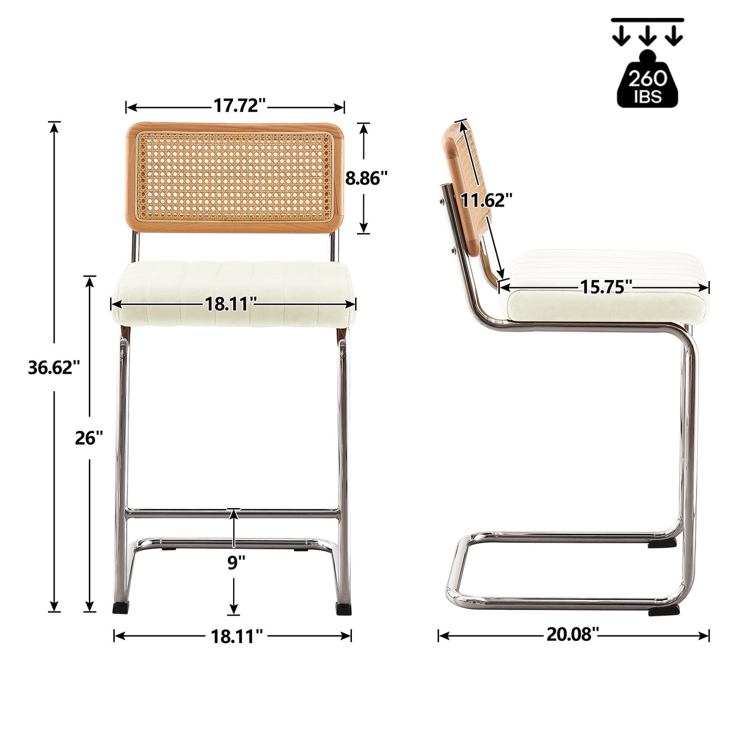 26in Rattan Bar Stools, Set of 2, Rattan Counter Height Velvet Armless Bar Stools with Cane Back for Home Office Kitchen Island
