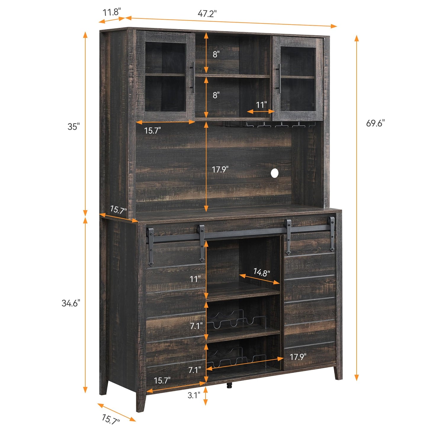 2024 New Farmhouse Coffee Bar Cabinet with Sliding Barn Door, 72in Tall Buffet Cabinet with Storage Shelves, Liquor Cabinet with Wine and Glasses Rack,Sideboard Cupboard for Kitchen,Dining Room