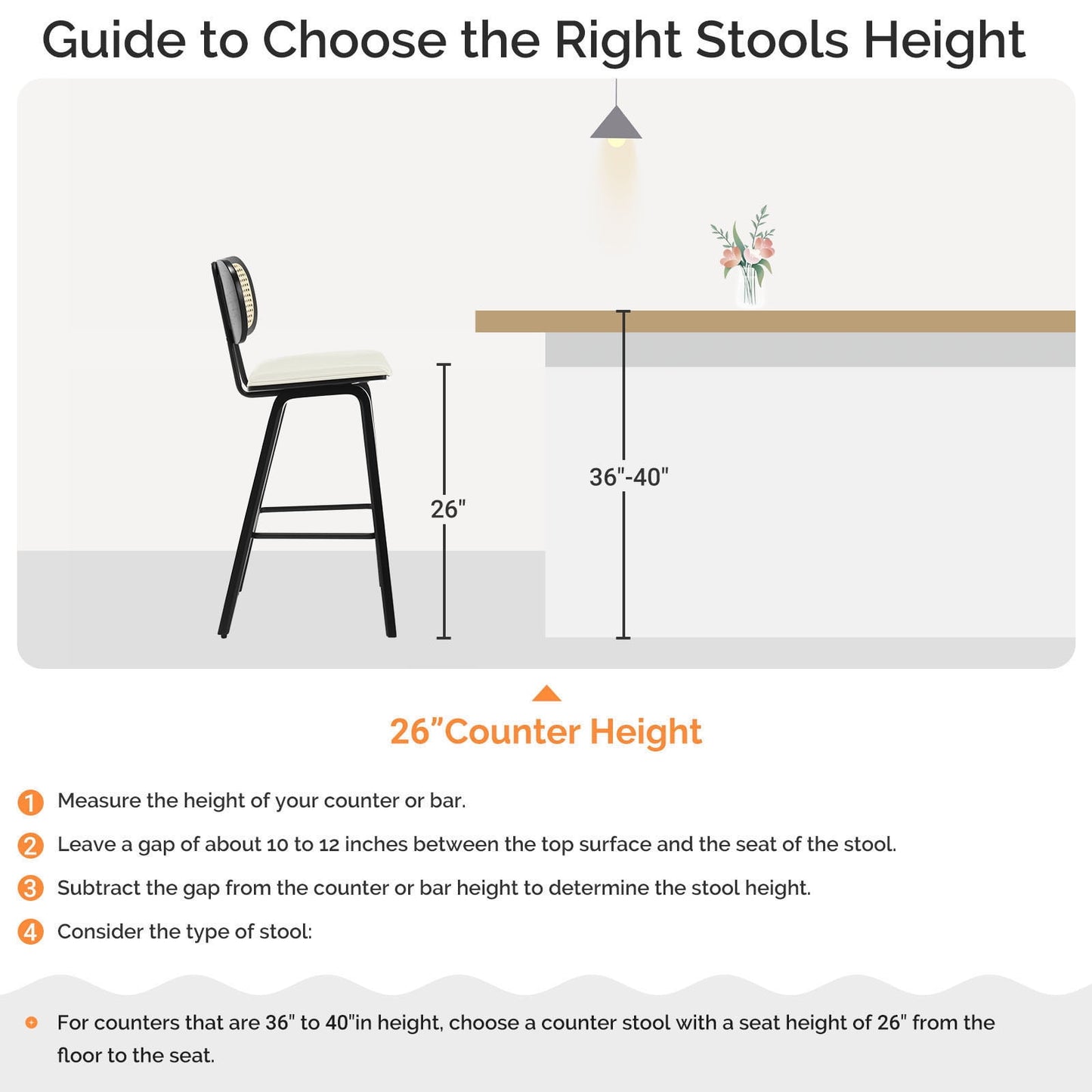 26in Counter Height Bar Stools with Rattan Back Set of 2, Mid Century Modern Wooden Stool PU Leather Upholstered Bar Chair for Kitchen Island Dining Room