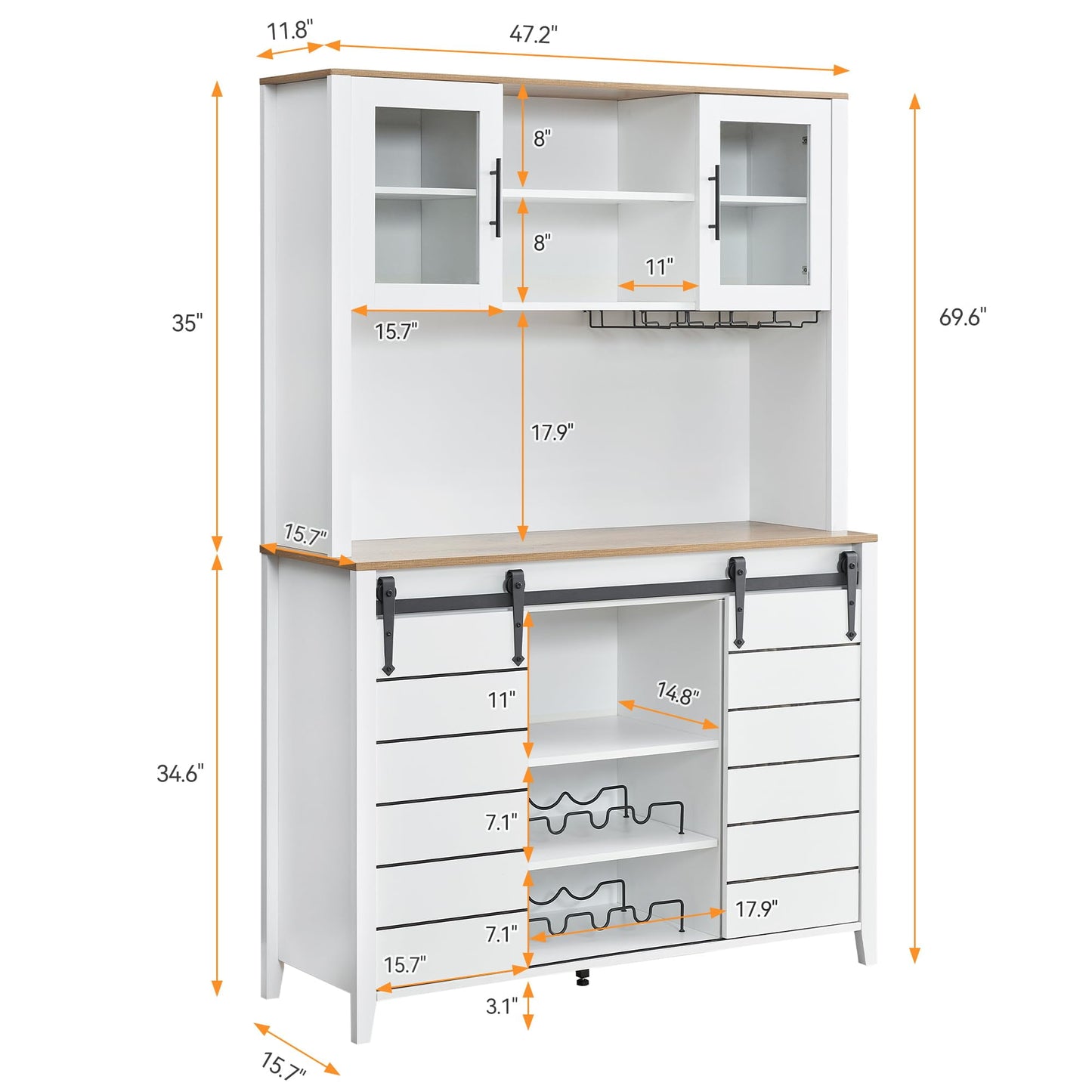 2024 New Farmhouse Coffee Bar Cabinet with Sliding Barn Door, 72in Tall Buffet Cabinet with Storage Shelves, Liquor Cabinet with Wine and Glasses Rack,Sideboard Cupboard for Kitchen,Dining Room
