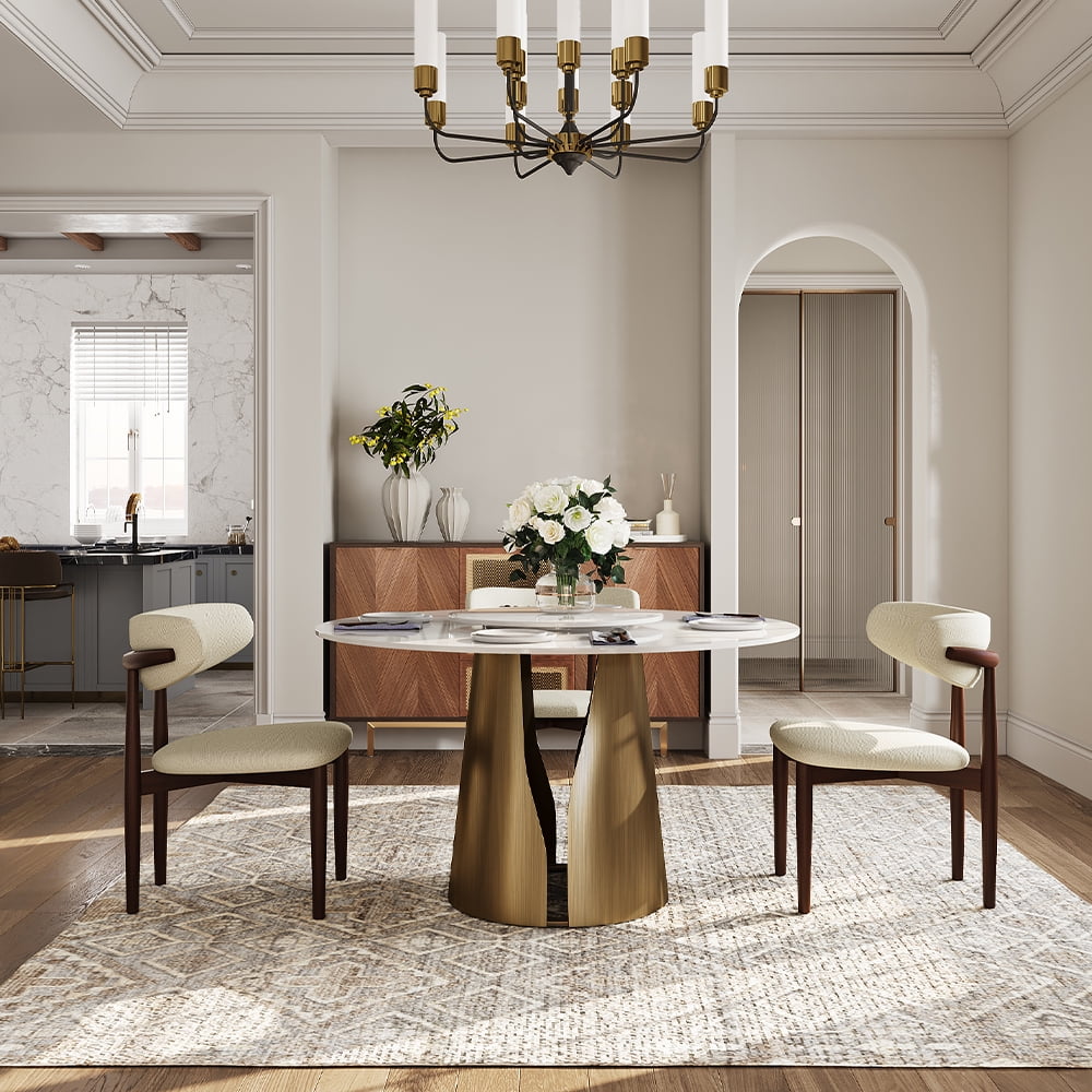 POVISON 51in Modern White Round Dining Table with Lazy Susan for 4, Glossy Sintered Stone Table, Bronze Carbon Steel Base