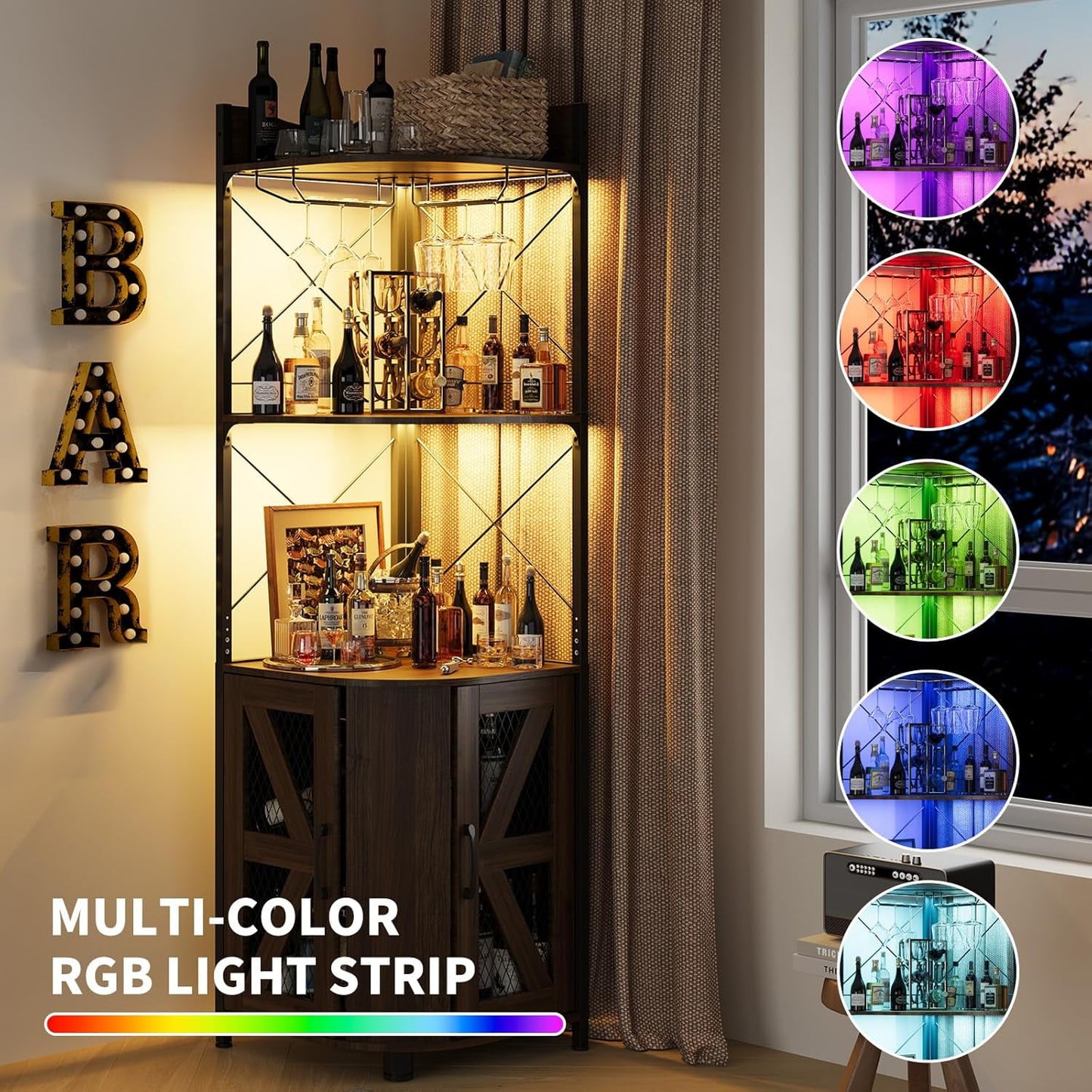 Linor 63in 5-Tier Corner Bar Cabinet with RGB LED Lights, Power Outlet, Glass Holder, Dark Walnut