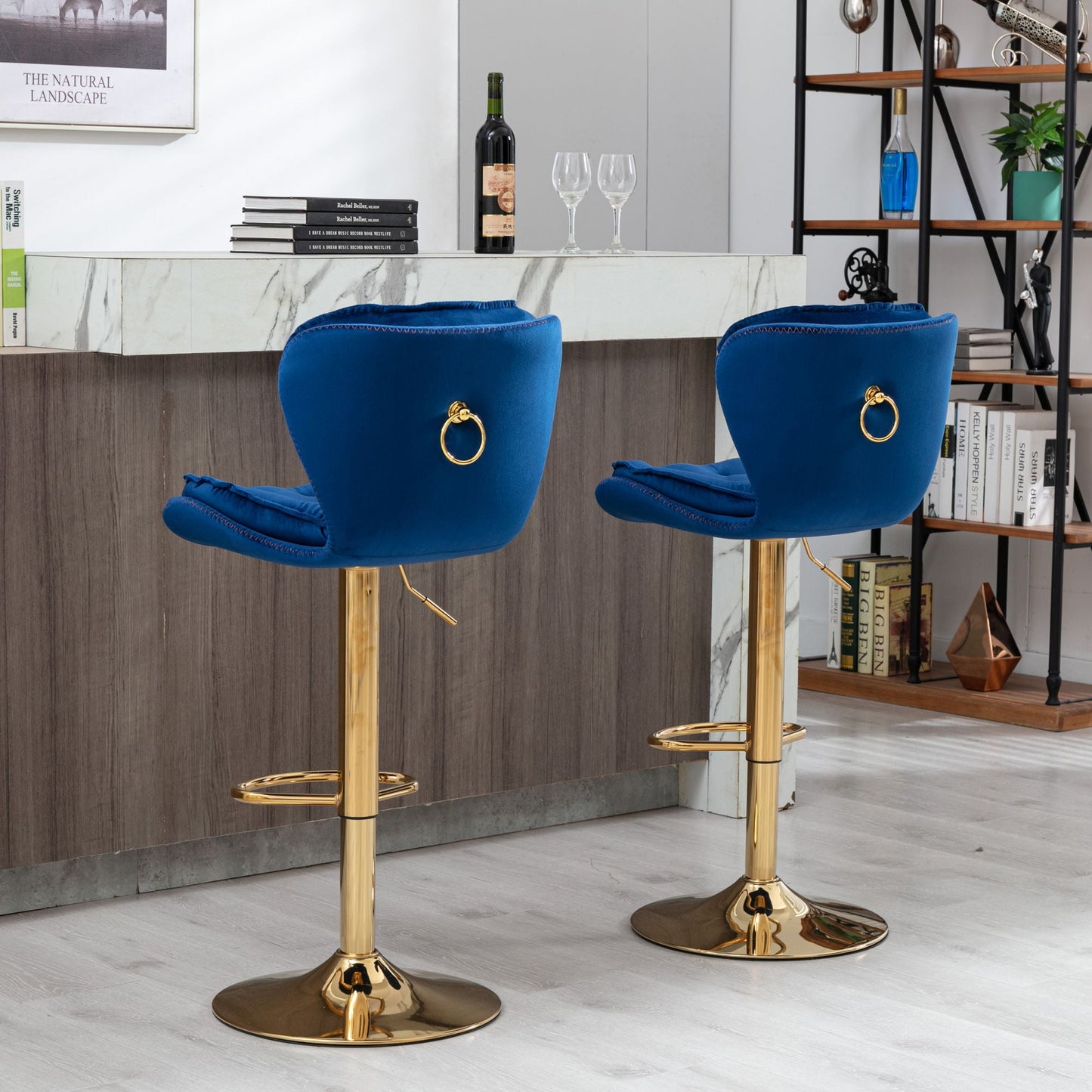 24-33 Inch Velvet Bar Stools, Counter Height Adjustable Swivel Barstools High Bar Chairs with Back & Golden Metal Base, Stools Footrest for Kitchen Island, Cafe, Bar, Bar Counter(Navy Blue,Set of 6)