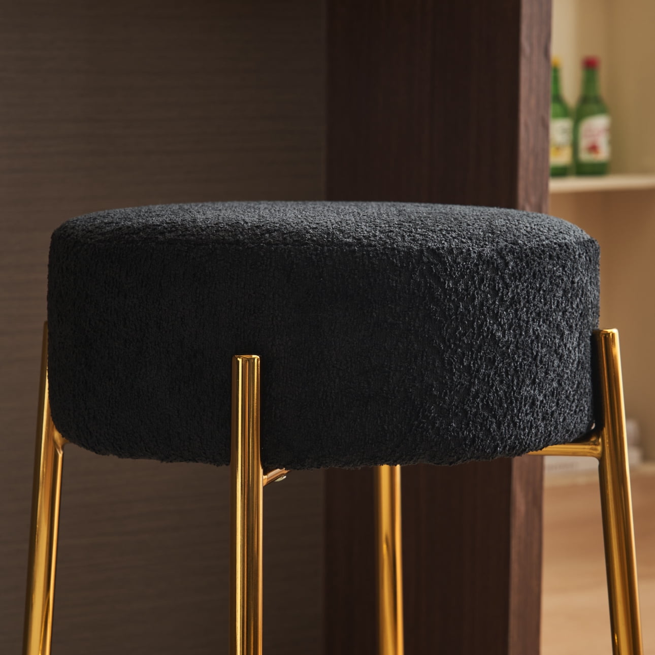24in Round Bar Stools Set of 2,Counter Height Stools with Teddy Fabric Upholstered,Backless Kitchen Island Stools,Backless Dining Seat with Metal Base, Black&Golden