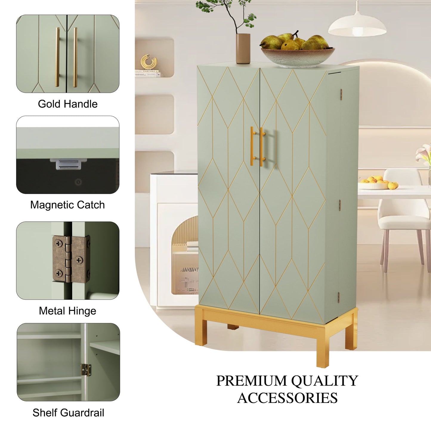 CBJCBJ 45in H Modern Kitchen Pantry Cabinet with 2-Door Adjustable Shelves and Golden Feet, White