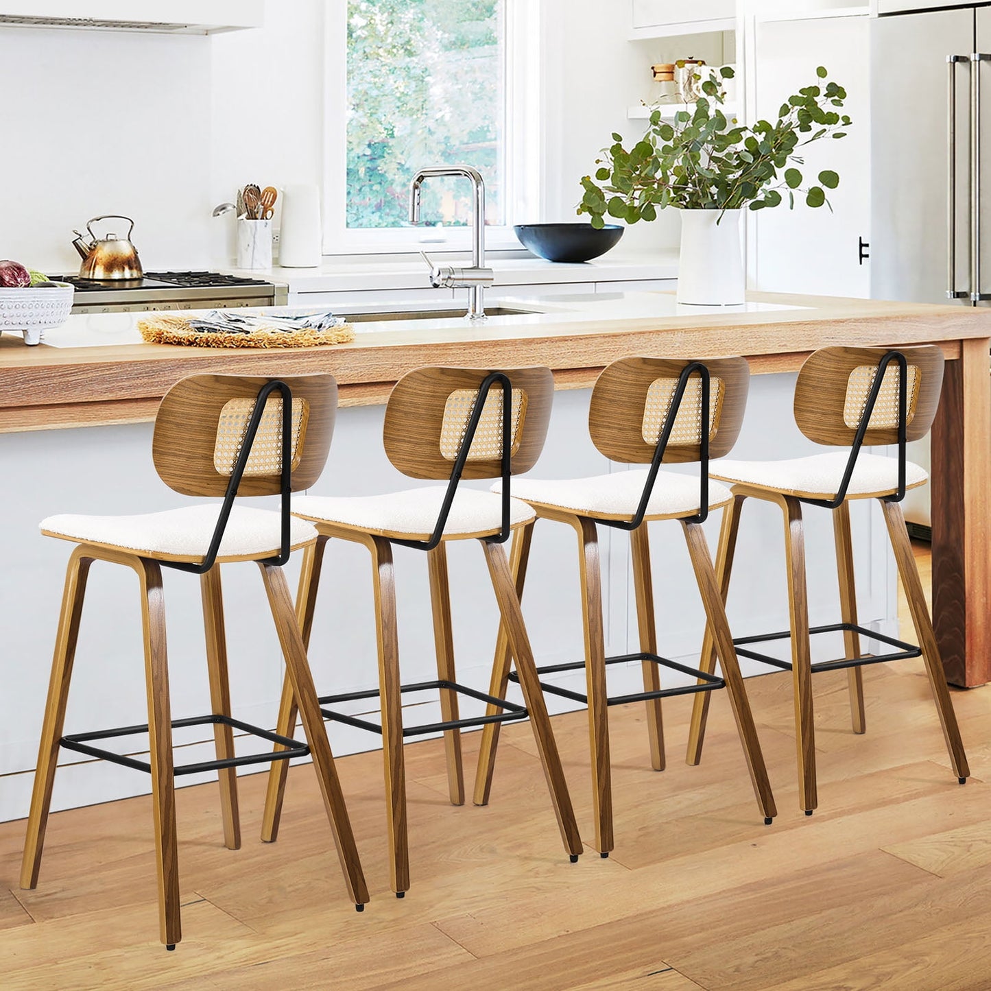 26in Counter Height Bar Stools with Rattan Back Set of 1, Mid Century Modern Wooden Stool Boucle Fabric Upholstered Bar Chair for Kitchen Island Dining Room