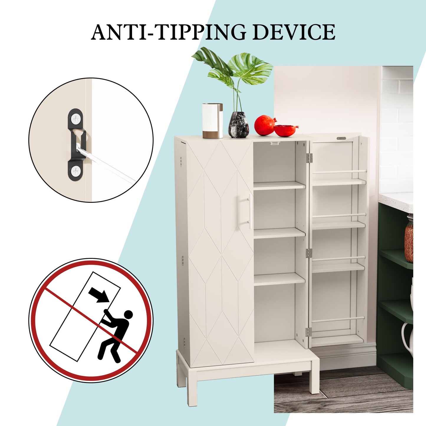 CBJCBJ 45in H Modern Kitchen Pantry Cabinet with 2-Door Adjustable Shelves and Golden Feet, White