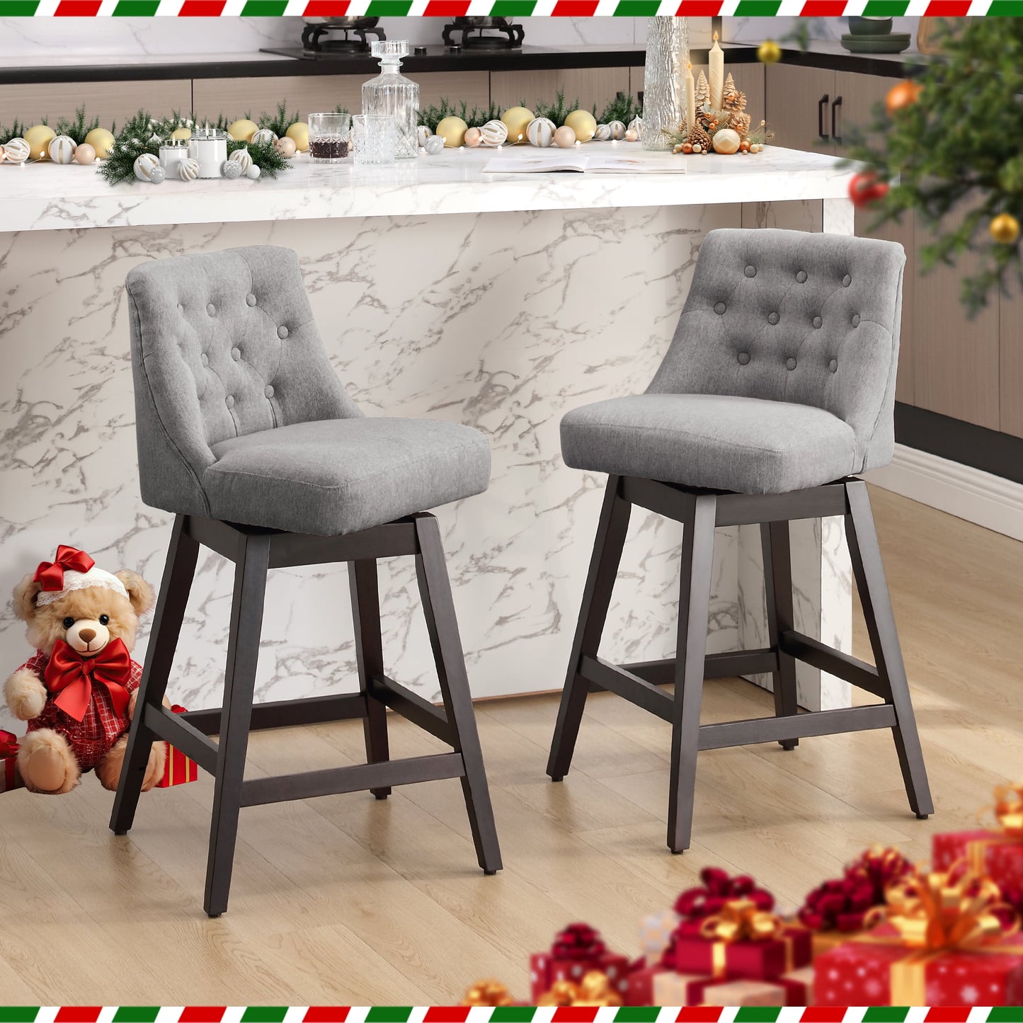 TEWLOSS Swivel Bar Stools Set of 2 Linen Fabric Barstools for Kitchen Island (29in , Gray)