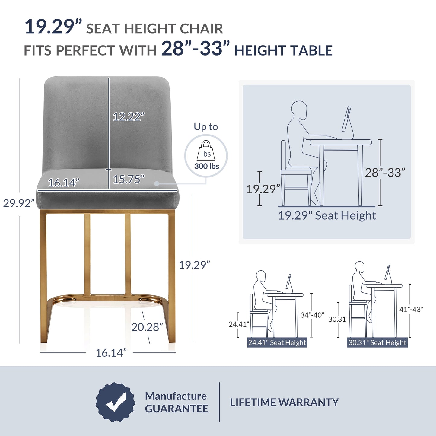 BELLEZE 19 Inch Upholstered Dining Chairs Set of 2, Velvet Kitchen Chairs Armless Dining Chairs with Gold Metal Frame, Modern Dining Chairs for Home and Restaurant - Hutton (Grey)