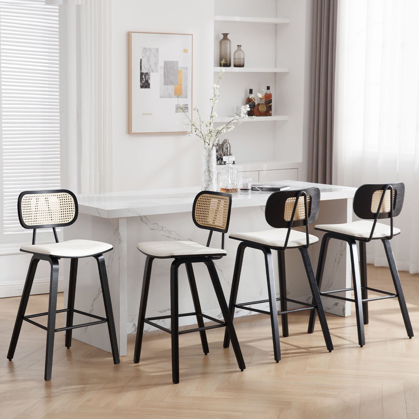 26in Counter Height Bar Stools with Rattan Back Set of 2, Mid Century Modern Wooden Stool PU Leather Upholstered Bar Chair for Kitchen Island Dining Room