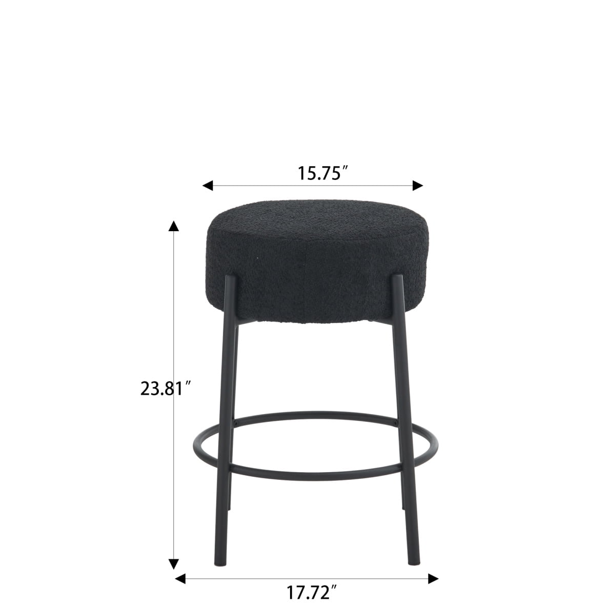 24in Round Bar Stools Set of 2,Counter Height Stools with Teddy Fabric Upholstered,Backless Kitchen Island Stools,Backless Dining Seat with Metal Base, Black