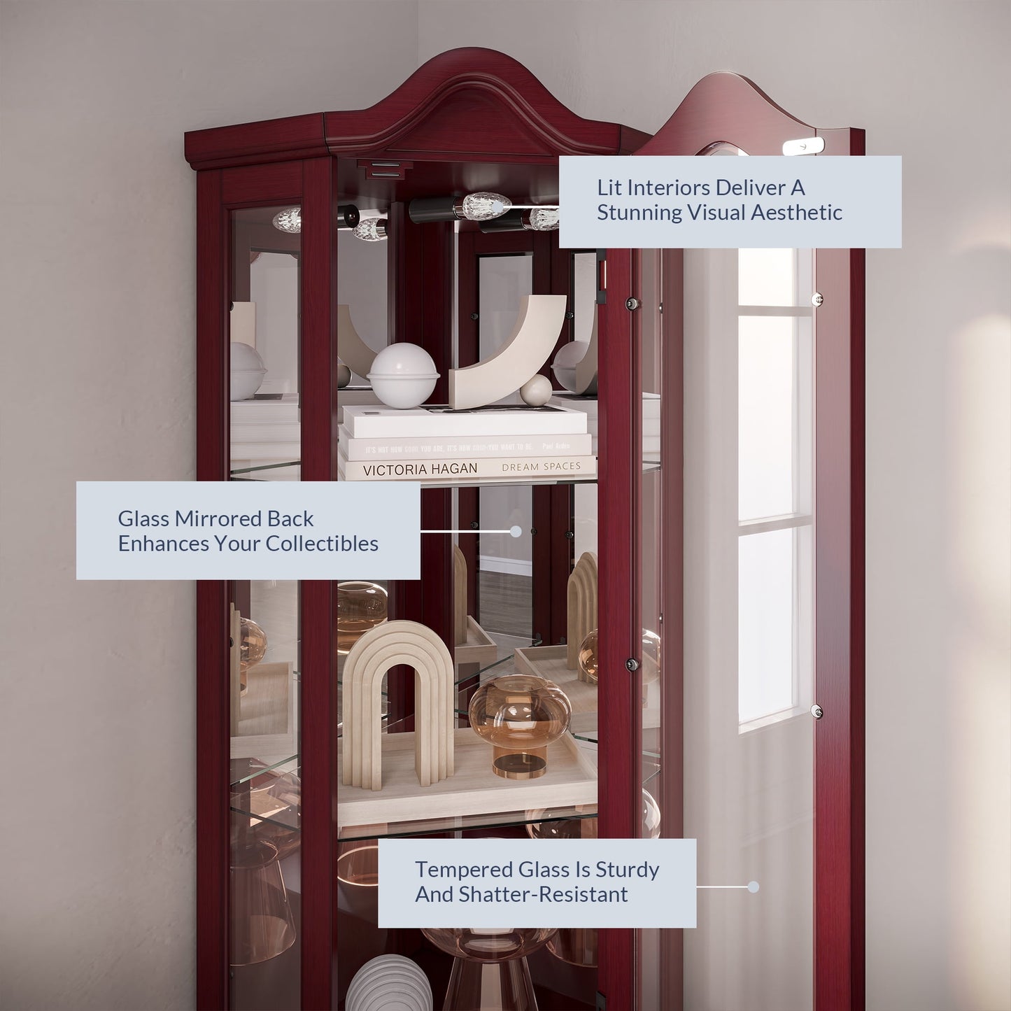 BELLEZE Loraine Canted Front Lighted Corner Curio Cabinet With 5 Tier Shelves, Cherry