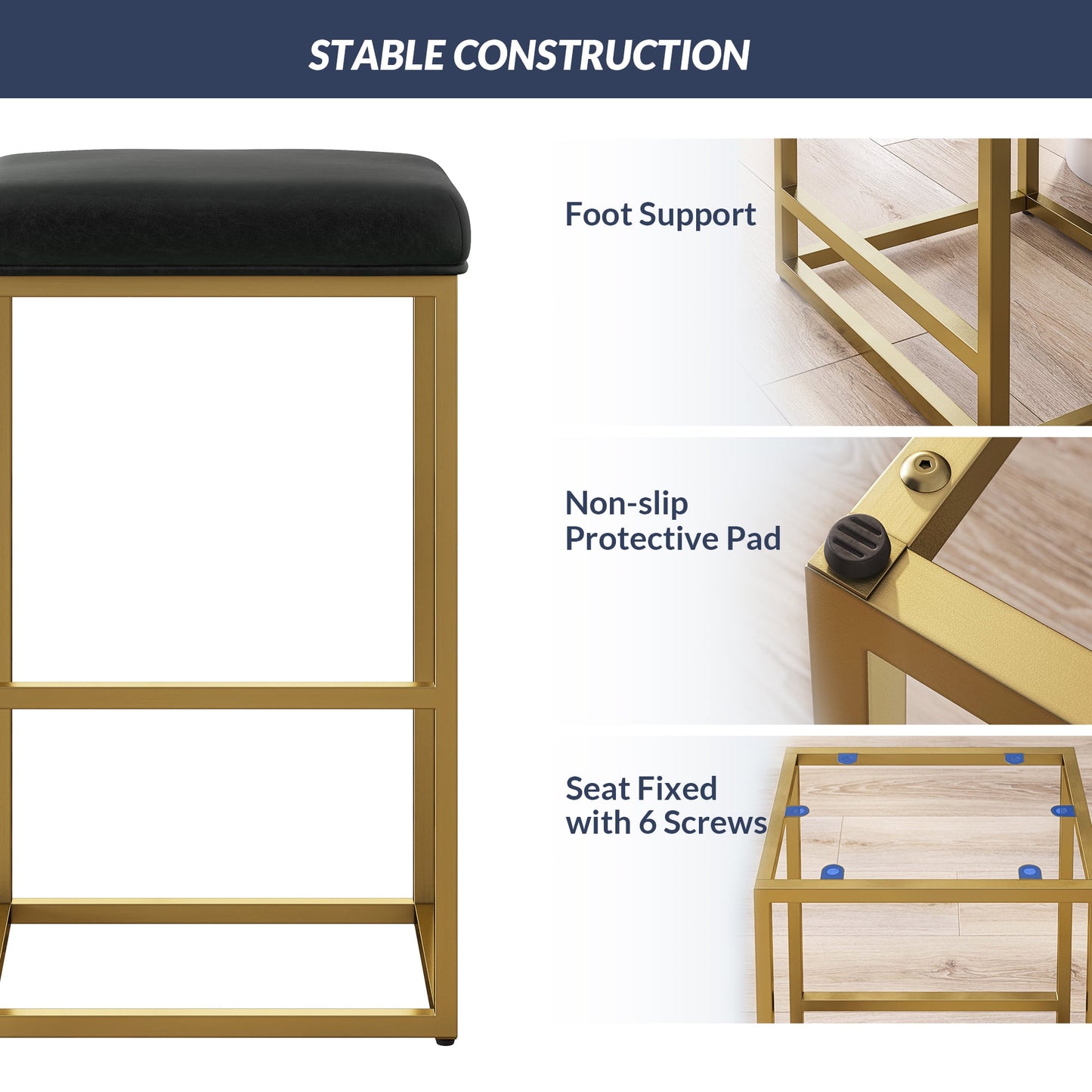 BELLEZE 30in Bar Height Bar Stools Set of 2, PU Leather Backless Barstools, Modern Upholstered Kitchen Stools with Metal Base Kitchen Island Chairs for Bar Pub Bistro, Black & Gold